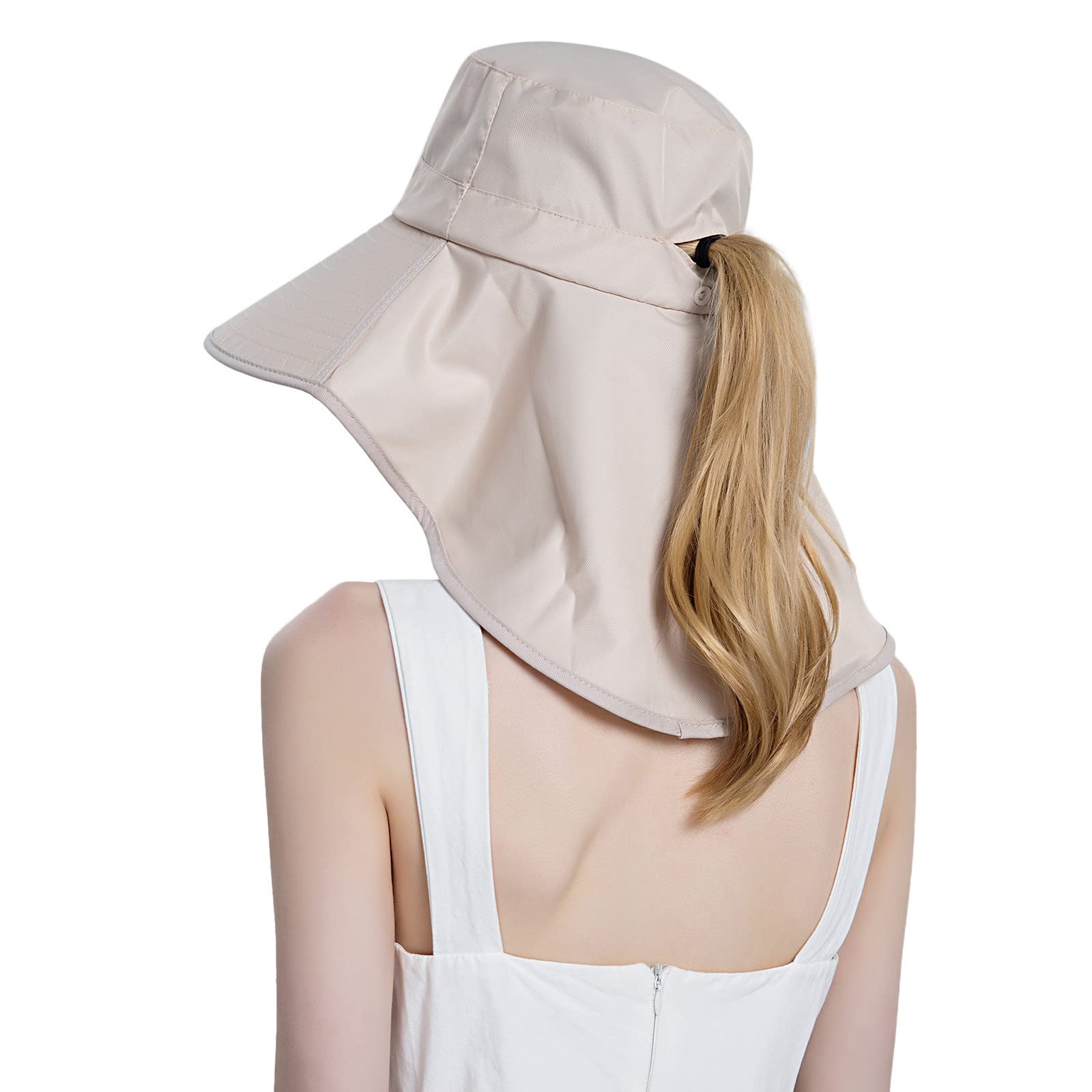 Women's Packable Wide Brim Sun Hat with Ponytail Hole - UPF 50+ UV Protection Bucket Hat for Hiking, Safari, Beach & Outdoor Activities - Solid Color Sun Visor Cap for Summer Travel