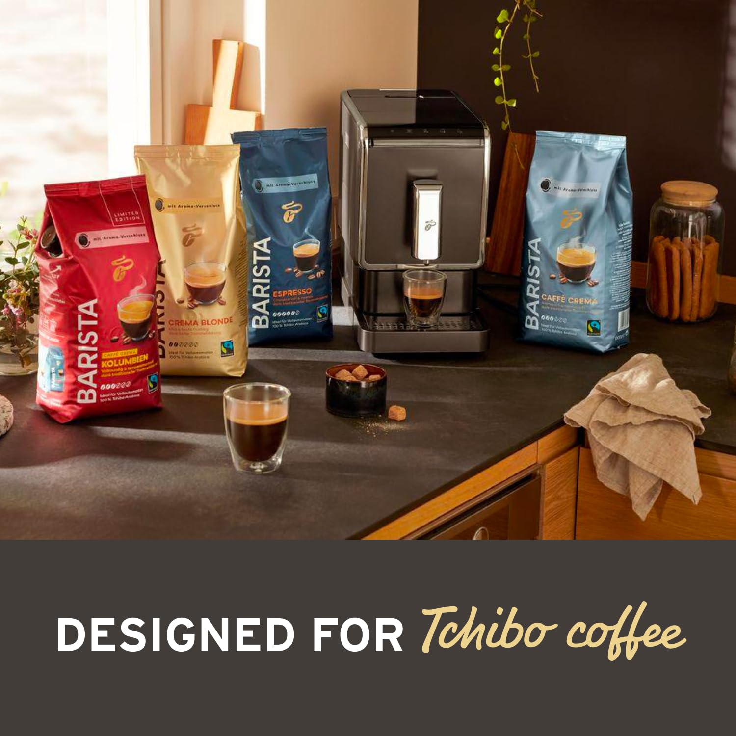 Tchibo Automatic Espresso Coffee Machine with Built-in Grinder - 3 x 12 oz Whole Bean Coffee Bundle, Red | Perfect for Home Kitchen, Office Break Room & Small Cafes