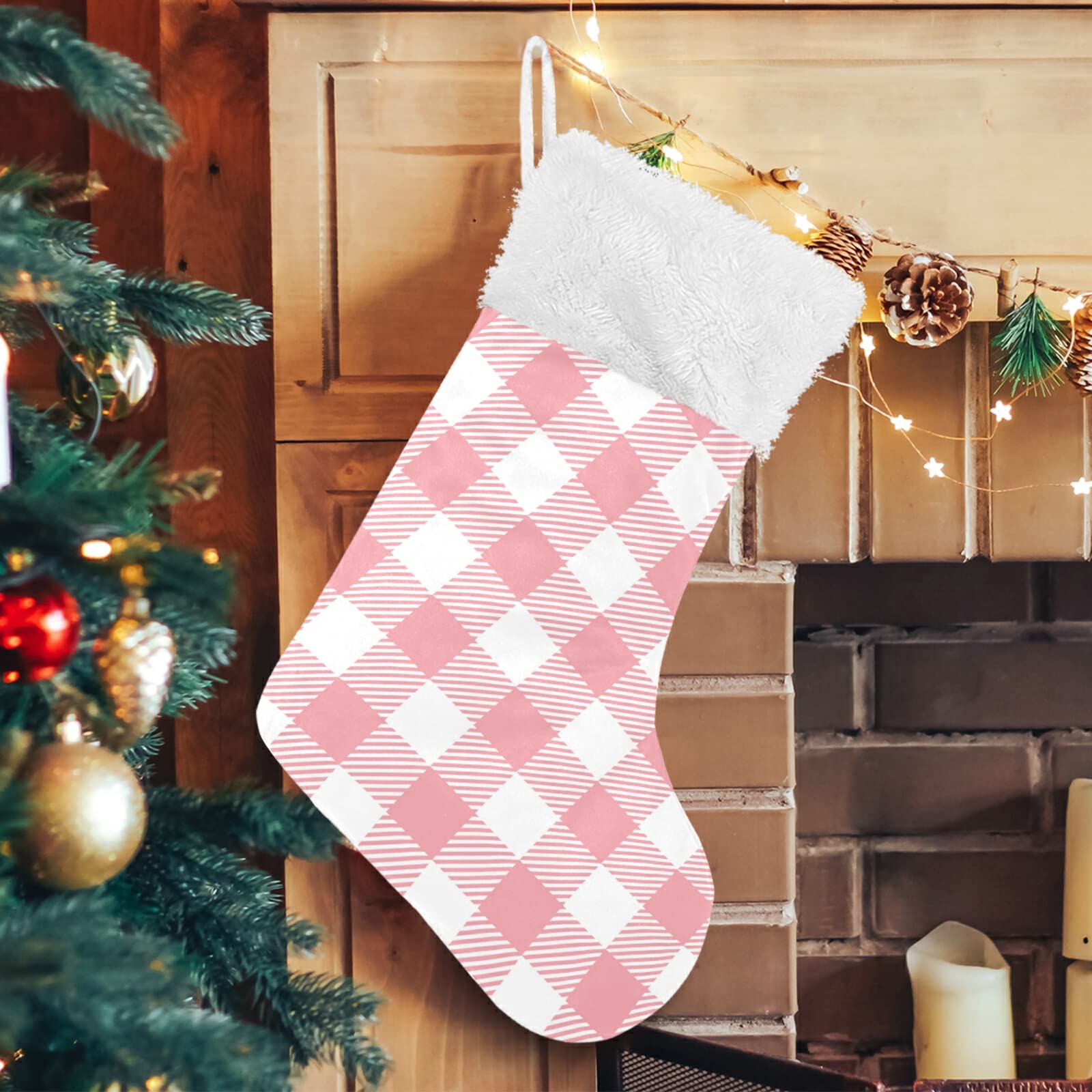 Personalized Pink Buffalo Plaid Christmas Stockings with Snowflake Design - 18 Inch Large Holiday Stockings for Xmas Decor, Family Party, Fireplace Mantel & Festive Gift Giving (Set of 2)