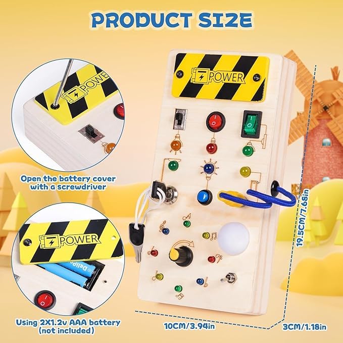 Montessori LED Busy Board for Toddlers 1-3 Years - Sensory Activity Toy with Light Switch for Boys & Girls - Wooden Travel Toy for Road Trips & Airplane - Perfect Christmas & Birthday Gift for Toddlers - Educational Learning Toy for Fine Motor Skills Development