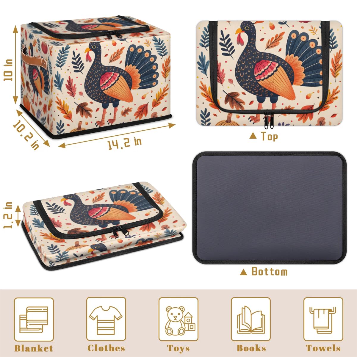 Thanksgiving Day Storage Boxes with Sturdy Handles - 2 Pack Zippered Storage Bins for Clothes, Toys & Home Organization | Durable Zipper Lid Storage Baskets for Holiday Decor, Seasonal Items & Kids Room Organization
