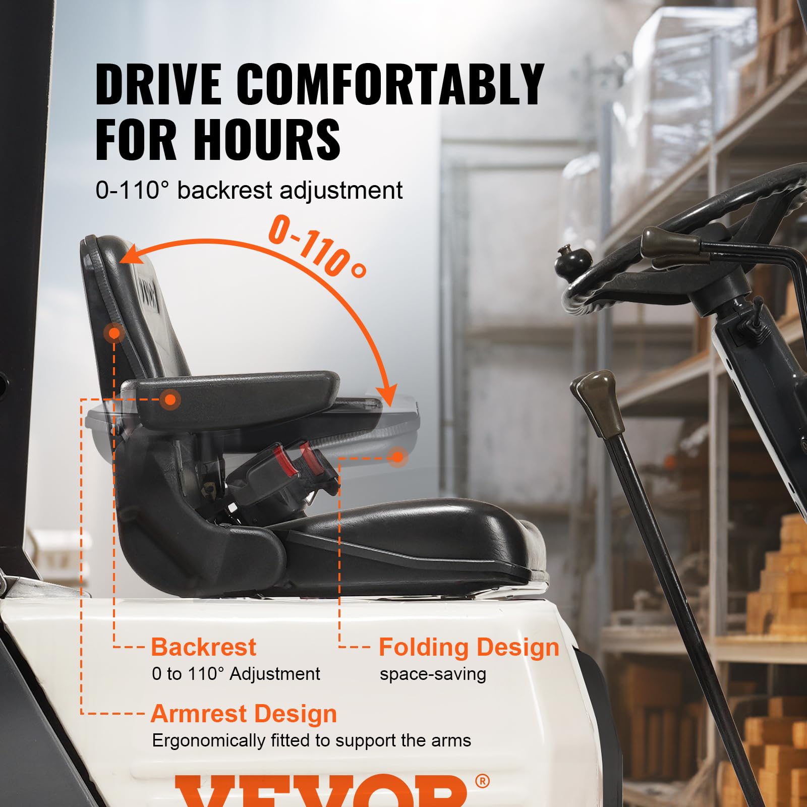 VEVOR Universal Forklift Seat - Adjustable Angle Back, Fold Down Tractor Seat with Micro Switch, Seatbelt & Armrests - Fits 6.3-13.4 inch Slot for Tractor, Loader, Excavator - Perfect for Construction, Farming & Heavy Equipment Operations