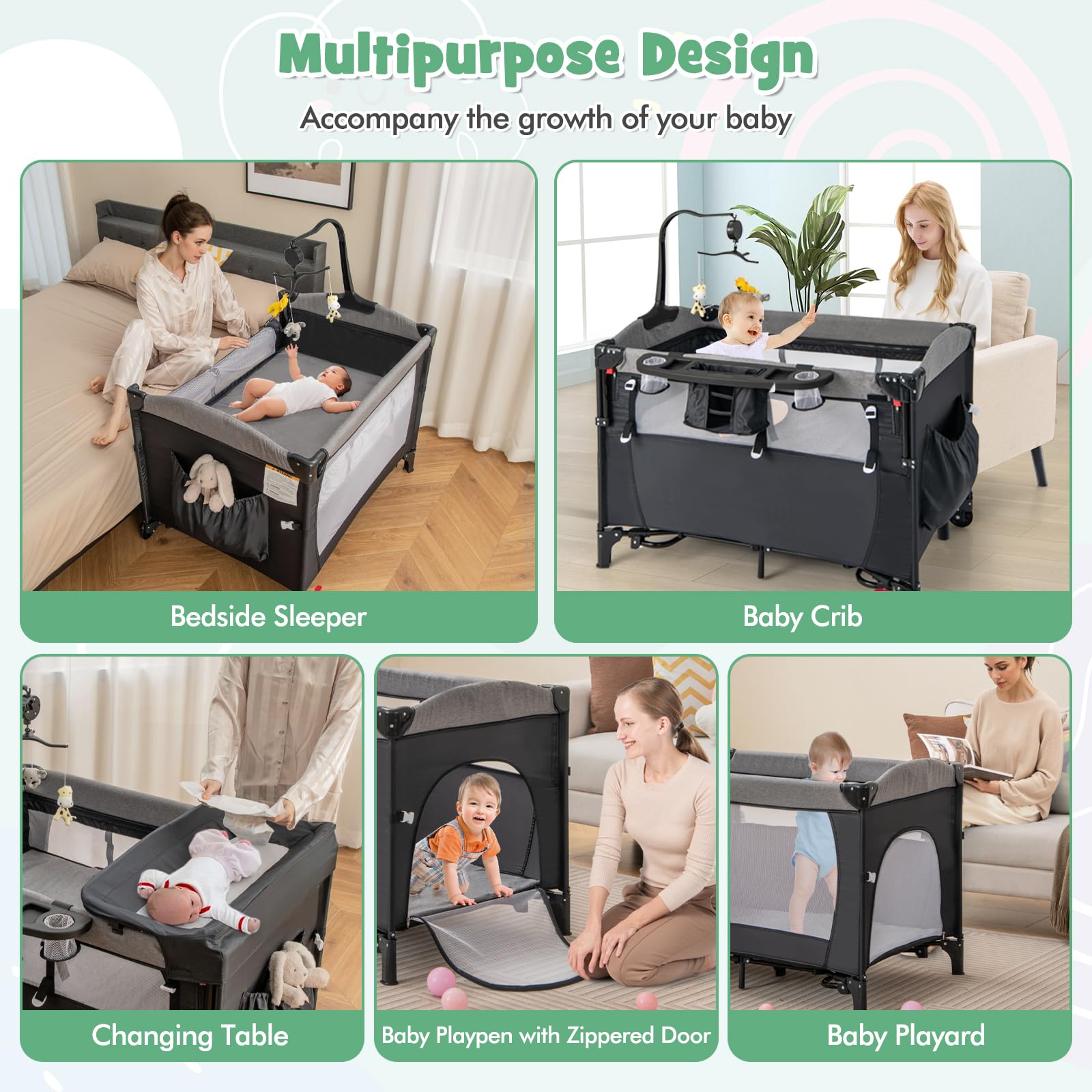 HONEY JOY 6-in-1 Baby Bedside Sleeper & Play Yard with Bassinet, Diaper Changing Table, Zippered Door, 4 Adjustable Heights, Music Box & Storage Bag - Portable for Travel & Home Use (Black) - Perfect for Nursery, Bedroom & On-the-Go Parents