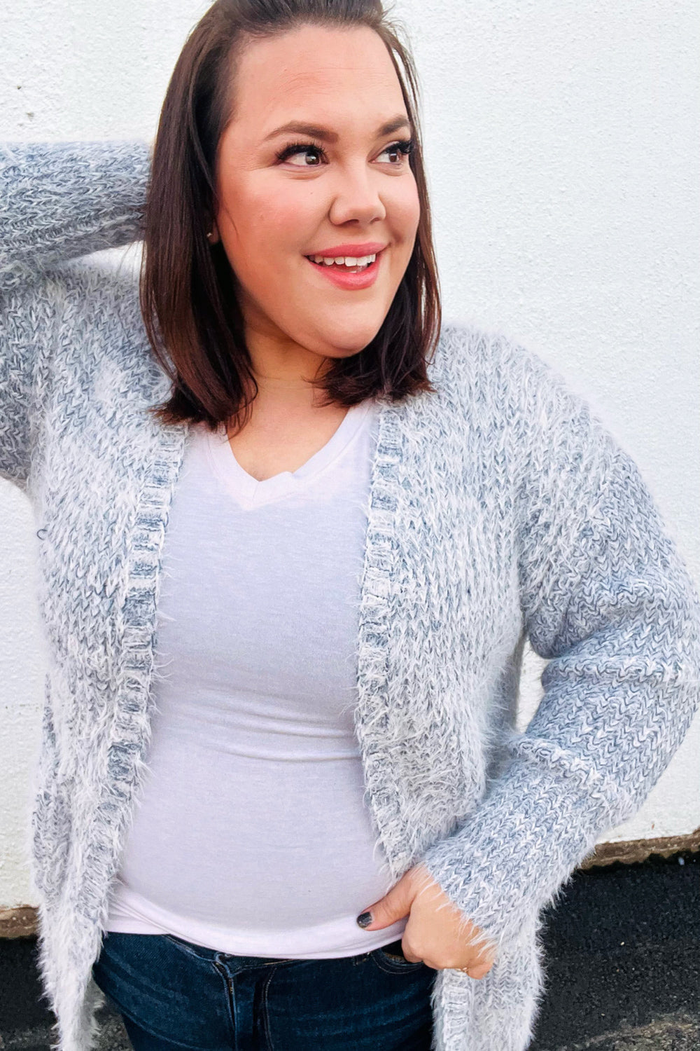 Leading Lady Slate Blue Two-Tone Fuzzy Soft Brushed Cardigan Sweater - Cozy Winter Wear for Women, Perfect for Office, Lounge & Casual Outings