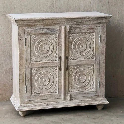 Hand Carved White Wooden Cabinet with Two Doors - Small Sideboard for Living Room, Bedroom & Dining Room Storage