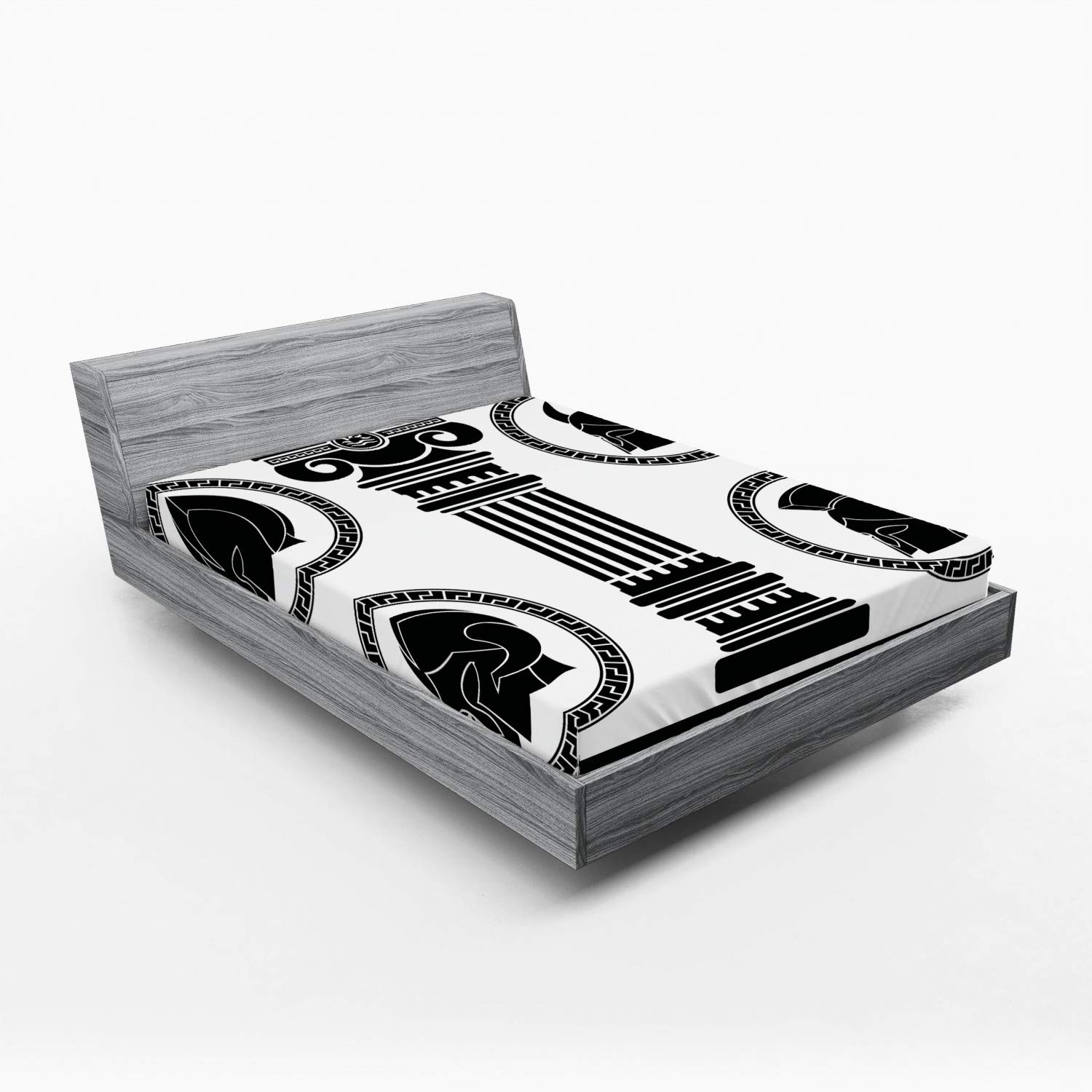 Ambesonne Retro Queen Size Fitted Sheet - Black and White Circular Frames with Antique Accessories Design - Deep Pocket All-Around Elastic for Mattress - Perfect for Vintage Themed Bedrooms, Guest Rooms & Spartan Costume Events