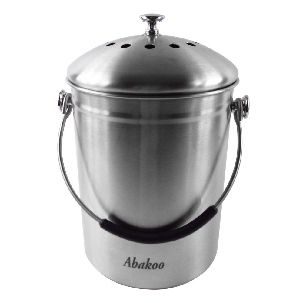 Abakoo 304 Stainless Steel Compost Bin - 1.3 Gallon Kitchen Composter with 4 Filters, Indoor Countertop Waste Pail for Eco-Friendly Food Scrap Recycling
