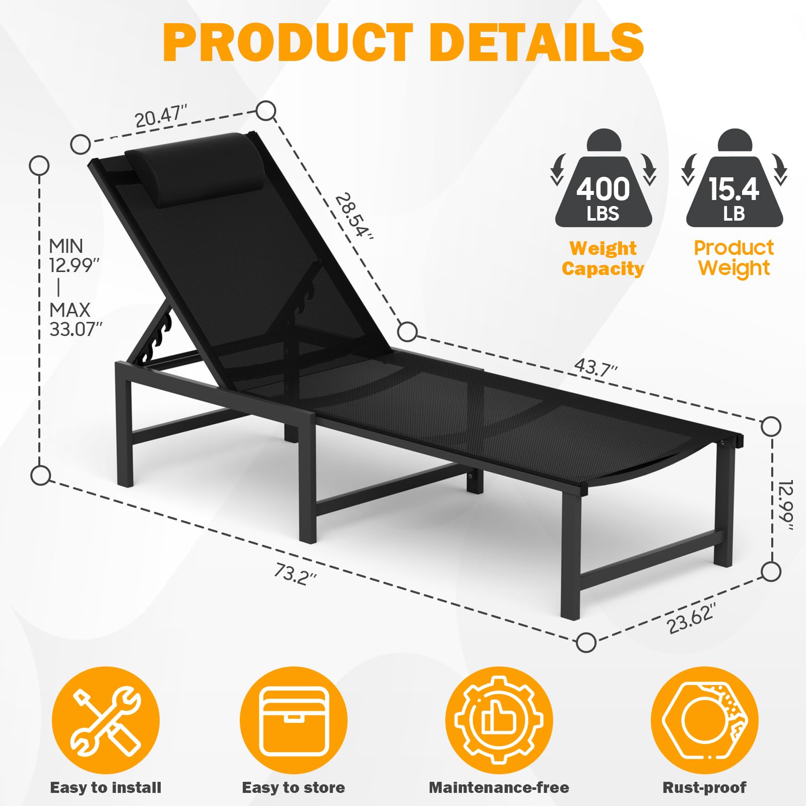 Adjustable Outdoor Chaise Lounge Chair with Headrest - 5-Position Reclining Patio Chair for Poolside, Beach & Backyard - Durable Aluminum Frame with Weather-Resistant Black Finish