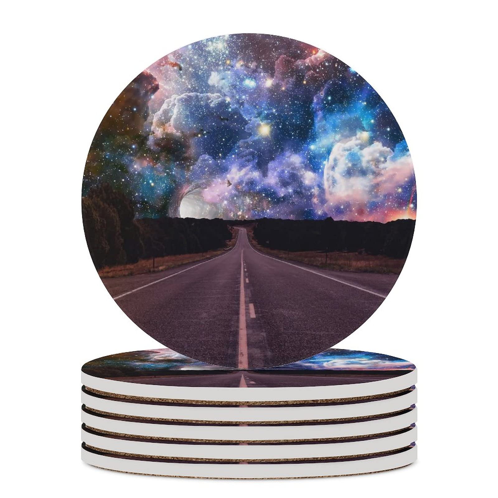 Echocreat Star Sky Ceramic Coasters Set - 6PCS Absorbent Coasters with Funny Prints, Ceramic Stone & Cork Base - Perfect for Kitchen, Restaurant, Bar Decor & Home Entertaining