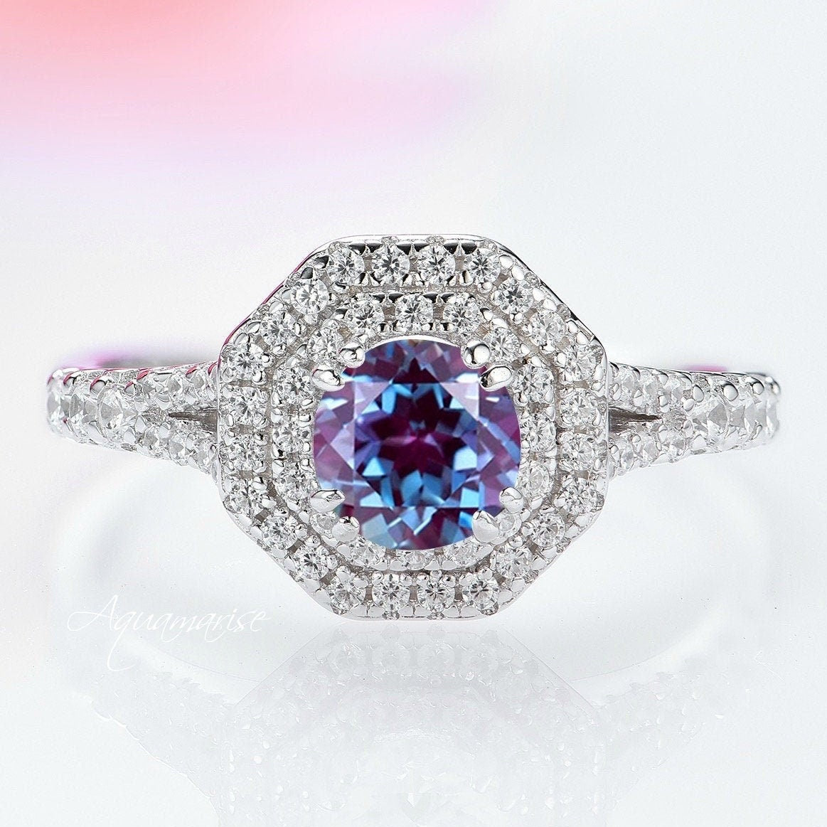 Hexagon Teal & Purple Alexandrite Engagement Ring - 14K White Gold Wedding Band for Women, Perfect for Proposals, Anniversaries & Special Occasions