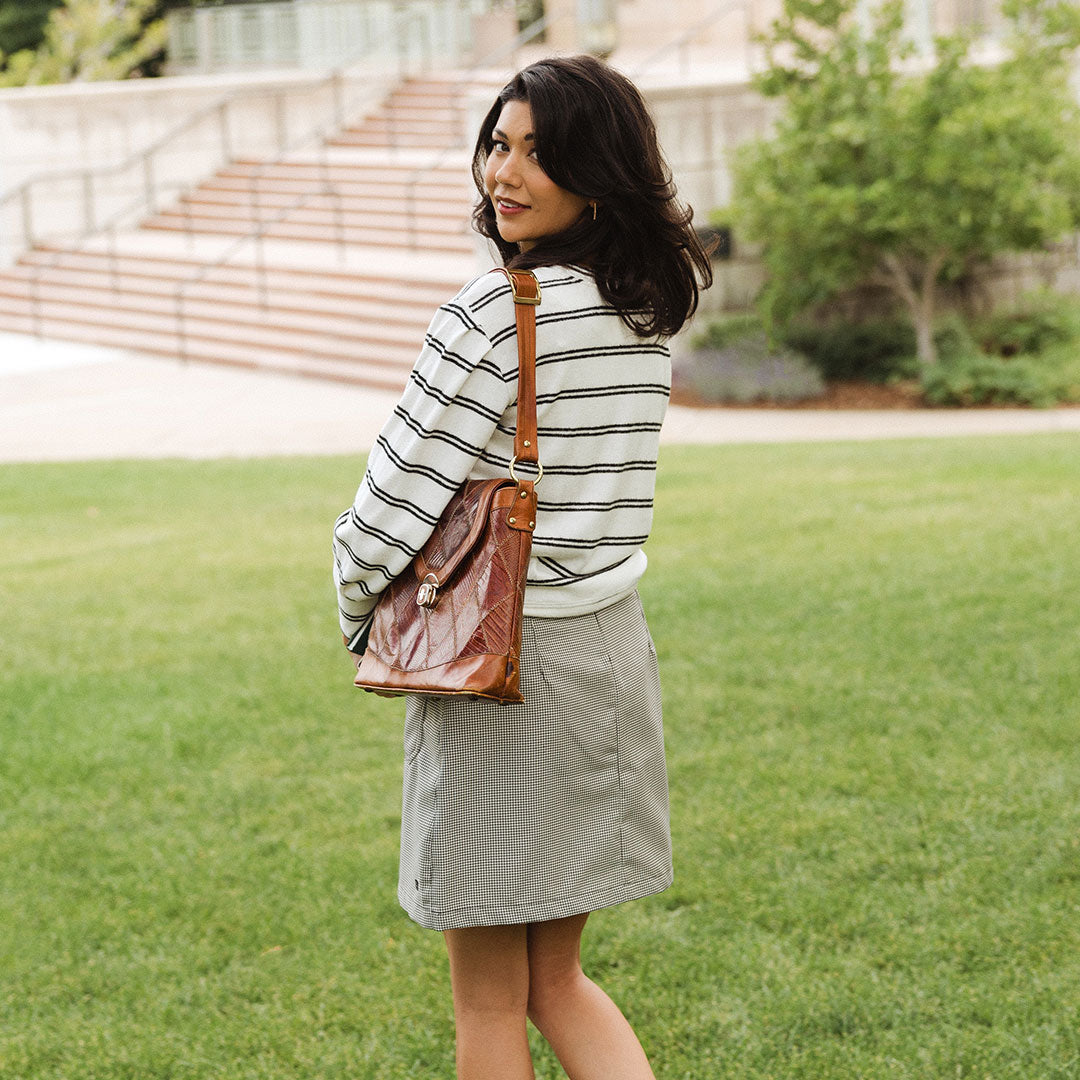 Stylish Houndstooth Canvas Skirt for Women - Trendy A-Line Midi Skirt with Pockets - Perfect for Office, Casual Outfits & Fall Fashion