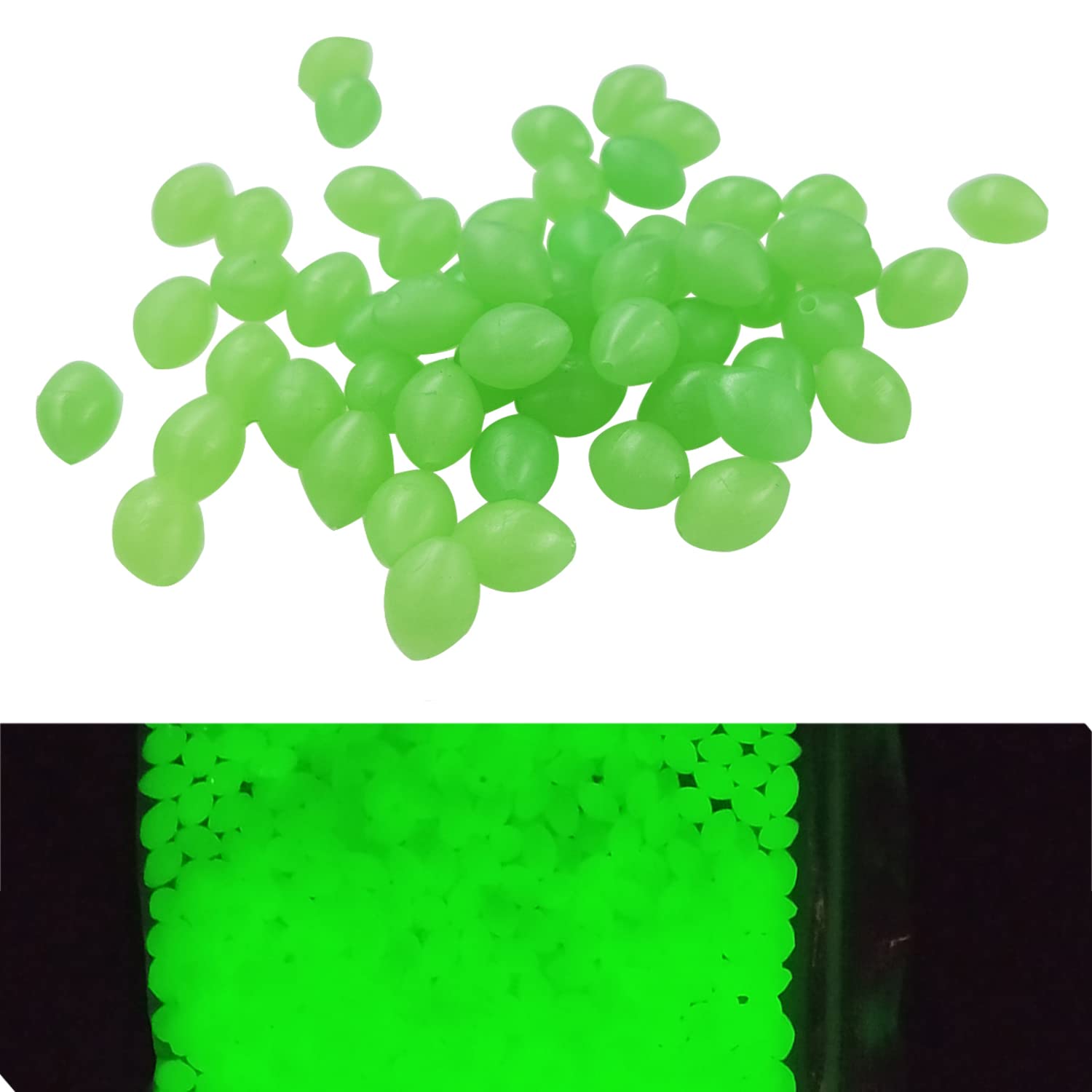 Glow in The Dark Fishing Beads - Oval Rubber Bait Eggs with Luminous Effect - Soft Fishing Line Ball Stopper for Salmon Trout - Saltwater Freshwater Fishing Tackle - Perfect for Night Fishing and Low Light Conditions