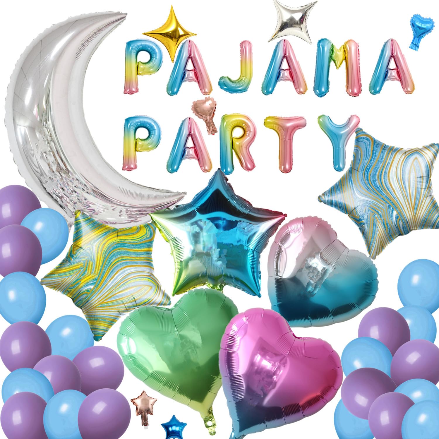 44-Piece Silver Moon Star Rainbow Gradient Heart Aluminum Foil Balloons & Purple Blue Latex Balloons Set for Pajama Party, Slumber Party, Sleepover, Birthday Decorations - Perfect for Girls & Women's Themed Parties, Baby Showers, Bridal Showers and Special Celebrations