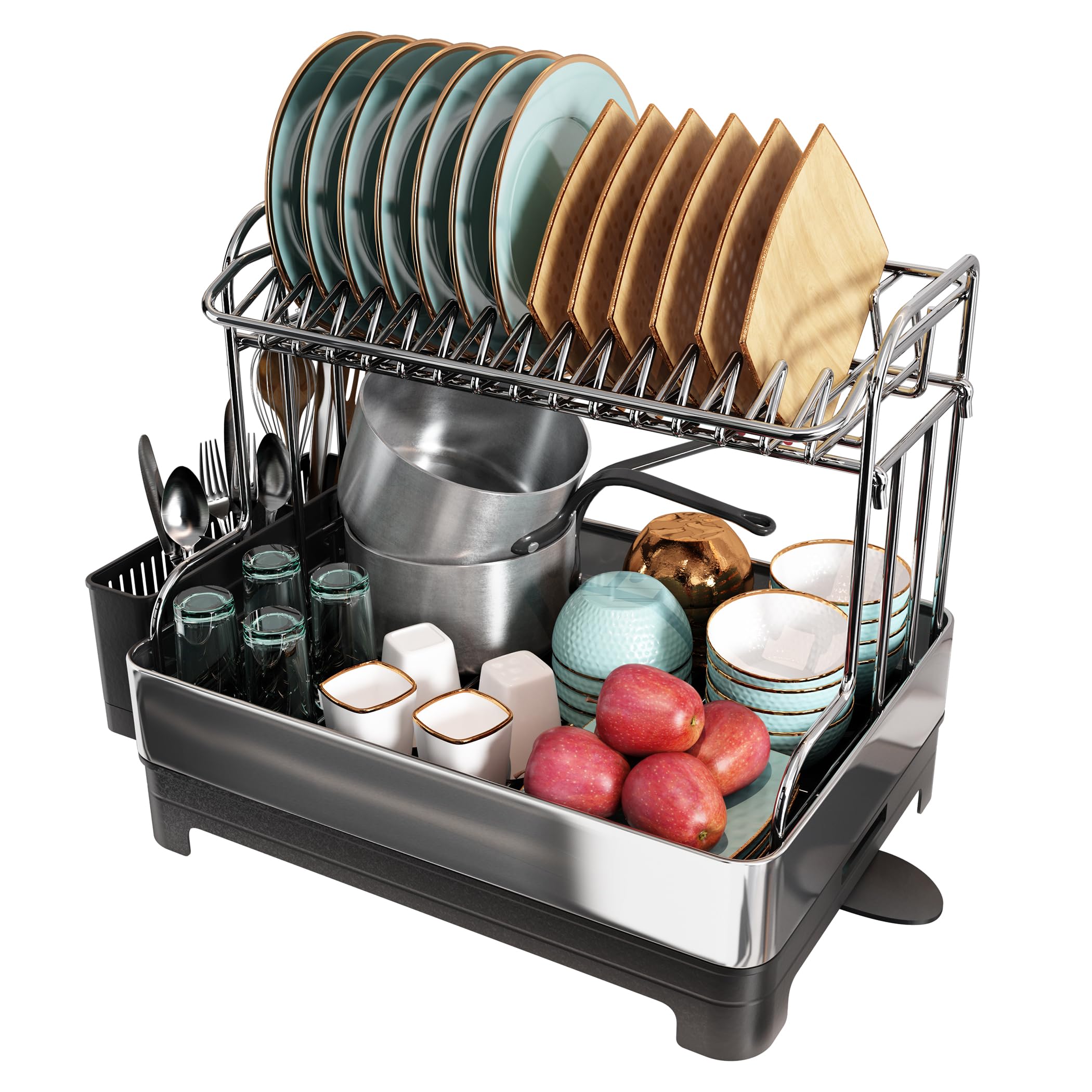 Romision Extra Large 2-Tier Stainless Steel Dish Drying Rack with Drainboard - Heavy Duty Kitchen Counter Dish Drainer & Utensil Holder for Big Families | Perfect for Drying Dishes, Cups & Cookware After Washing