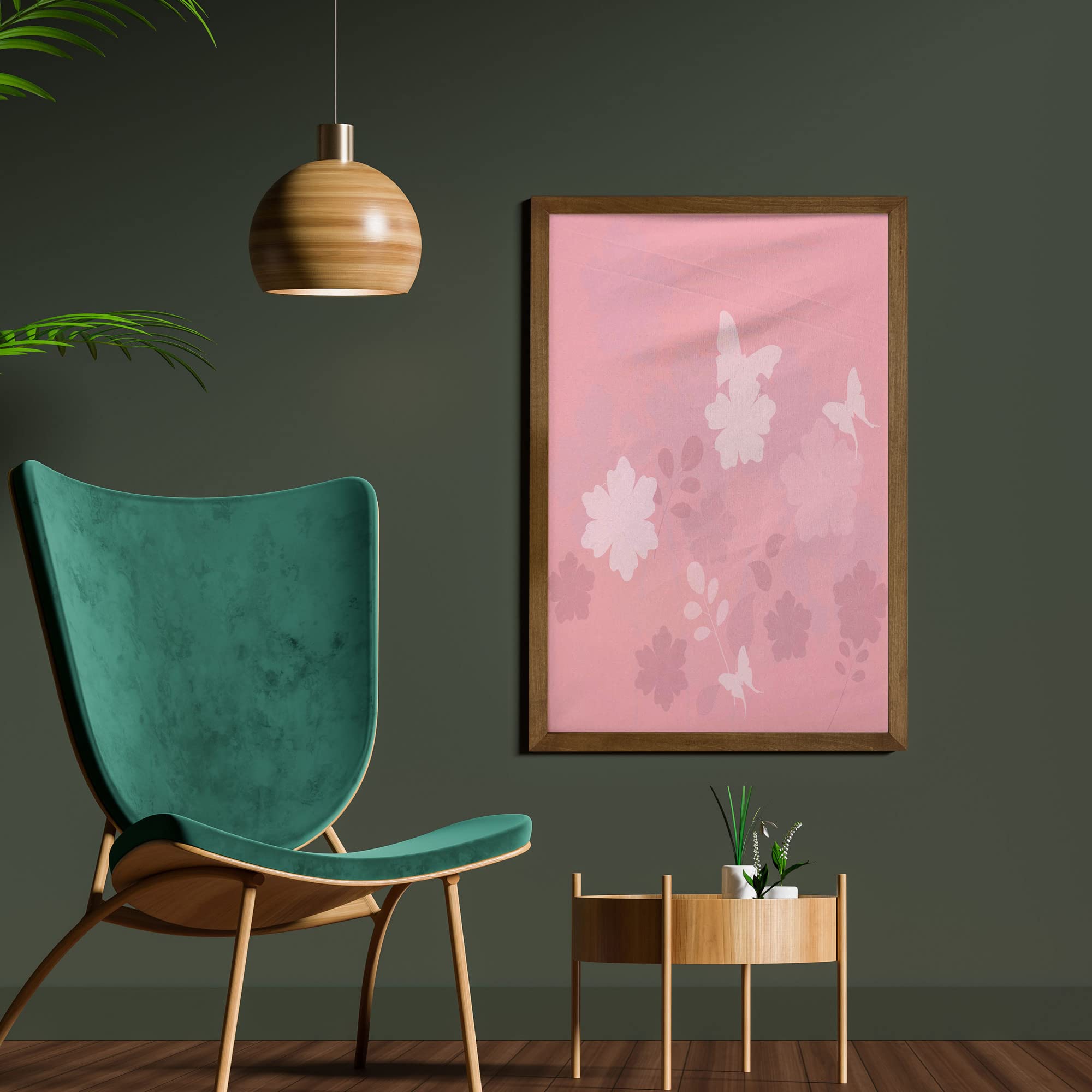 Ambesonne Rose Framed Wall Art - Dreamy Fantasy Spring Nature with Butterflies & Ornament, Teak Wood Frame Fabric Decor 23