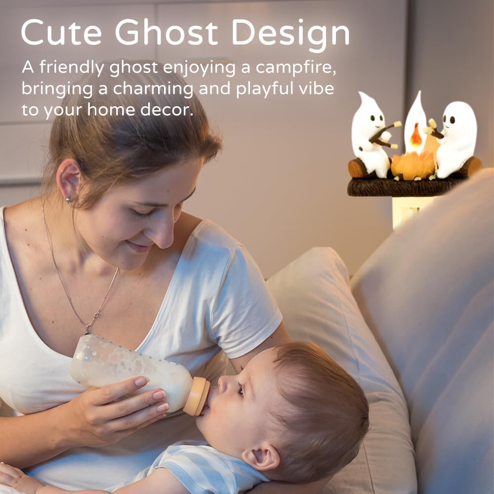 Ghost Campfire Flickering Night Light - 0.5W LED 3D Spooky Fire Effect, Marshmallow Halloween Decor Plug-in Wall Light for Bedroom, Party & Outdoor Camping