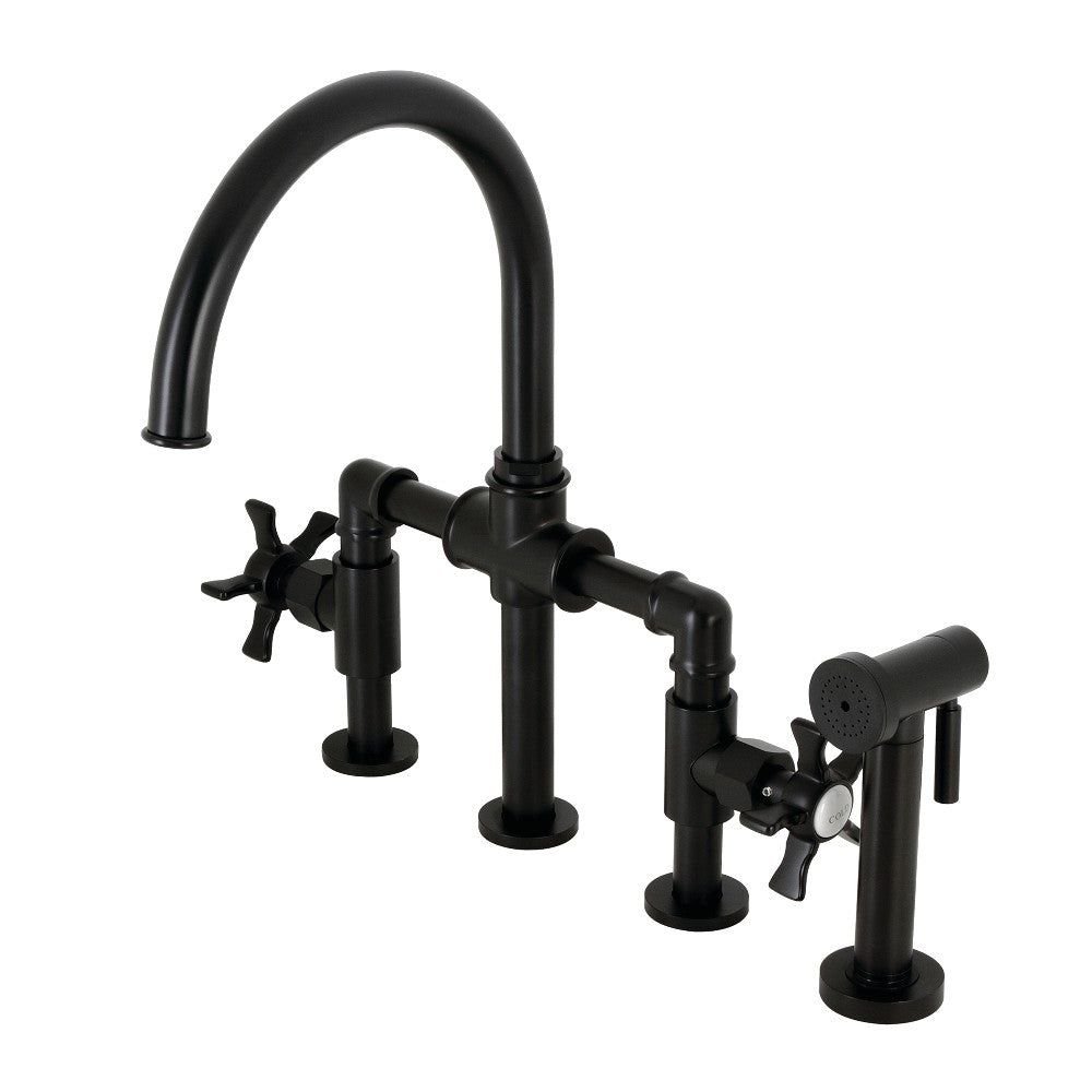 Industrial Style Bridge Kitchen Faucet with Brass Sprayer - Vintage Brass Pull Down Sprayer Faucet for Farmhouse & Modern Kitchens | Perfect for Cooking, Washing Dishes & Food Prep