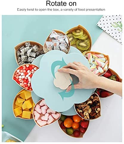 10-Compartment Rotating Petal Snack Tray - Candy Nut Serving Container, Fruit Plate & Food Storage Box - Plastic Display Tray for Parties, Baby Showers & Home Decor (Blue)