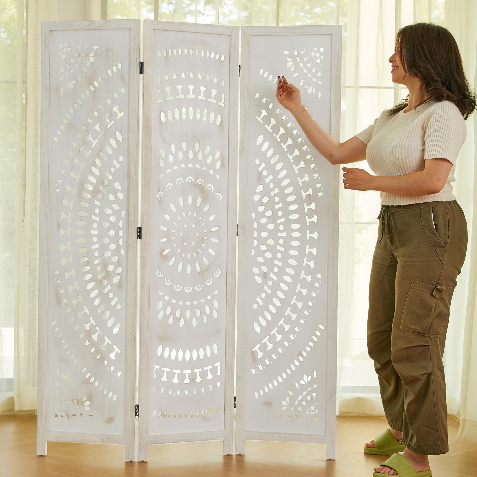 Handcrafted Wooden Room Divider Screen - 3 Panel Folding Partition with Bohemian Carvings for Home, Office, Garden & Terrace (Antique White Finish) | Perfect for Creating Privacy Spaces, Room Separation & Decorative Accents