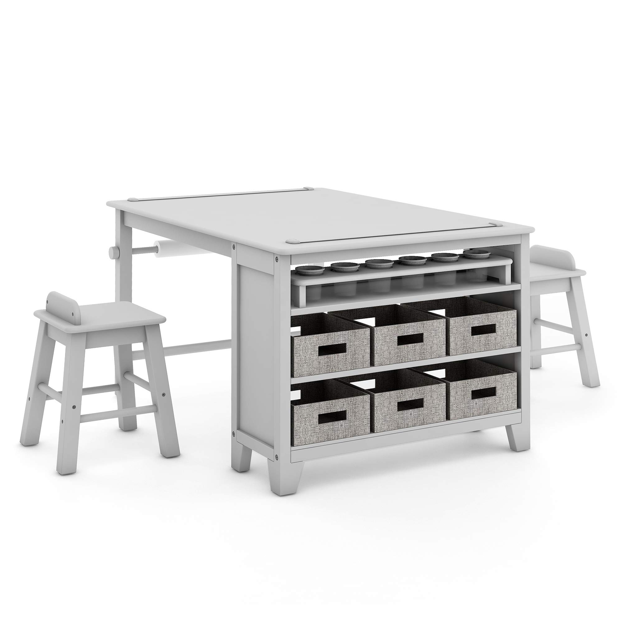 Martha Stewart Kids' Art Table and Chairs Set - Wooden Play Table for Arts & Crafts, Coloring Desk with Storage Bins & Paper Roll | Perfect for Playrooms, Homeschooling & Creative Activities | Gray
