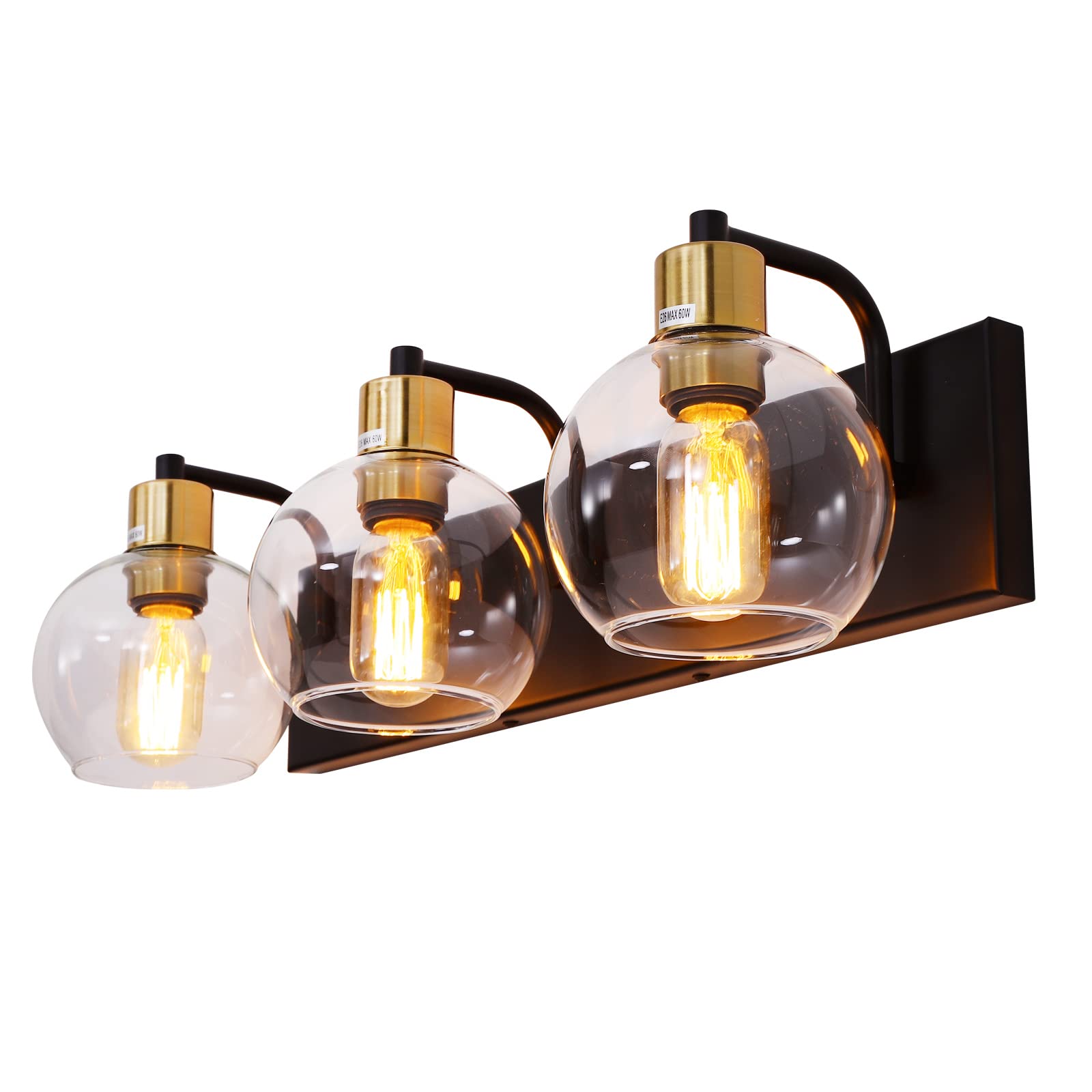 Modern Black Gold Industrial Bathroom Vanity Lights - 3-Light Wall Sconce with Globe Glass Shades for Mirror Lighting (Bulbs Not Included) | Perfect for Bathroom, Powder Room & Dressing Area Illumination