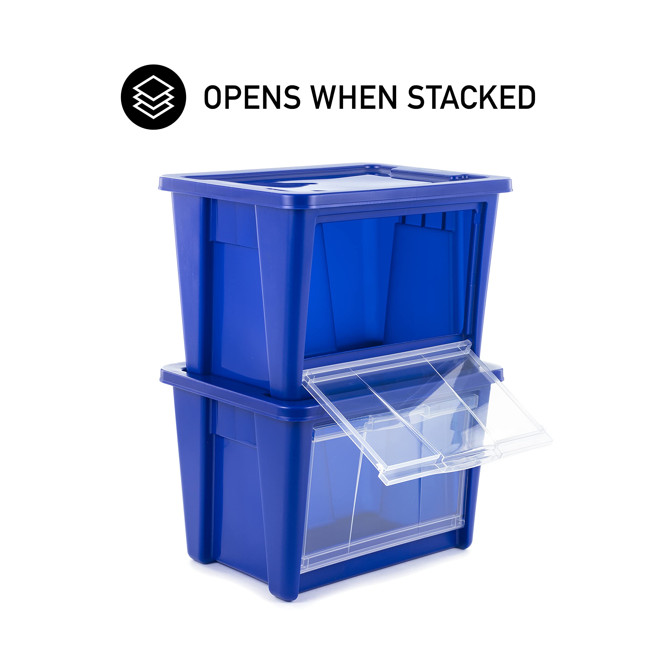 Rubbermaid Medium All-Access Storage Tote with Lids (2-Pack) - Stackable Clear Drop-Down Door Organizer Bins with Carry Handles for Closet, Pantry & Home Organization - Blazer Blue with Clear Door - Perfect for Bedroom, Office & Kids' Room Storage