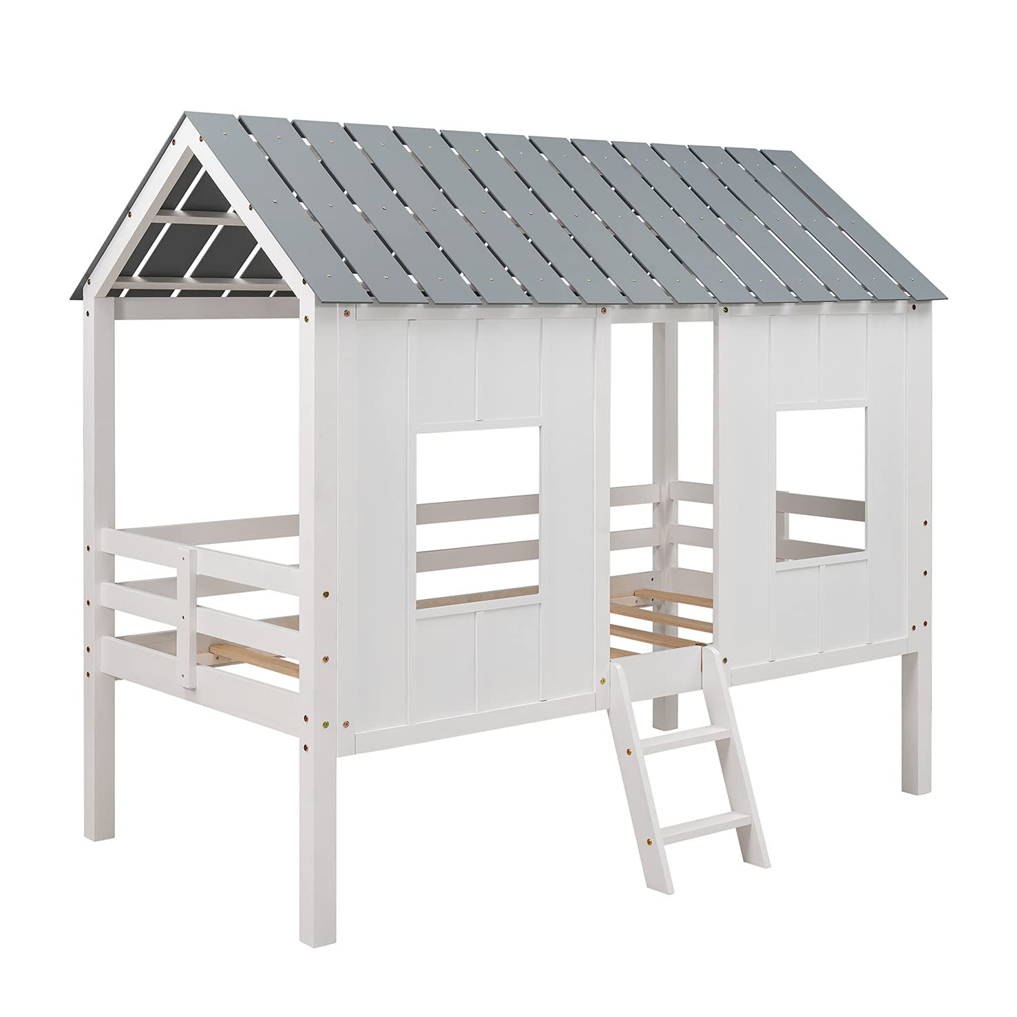 SOFTSEA Low Loft Bed with Windows and Roof - Sturdy Wooden House Bed Frame with Slatted Platform (No Box Spring Required) - Perfect for Kids' Bedrooms, Playrooms & Small Spaces