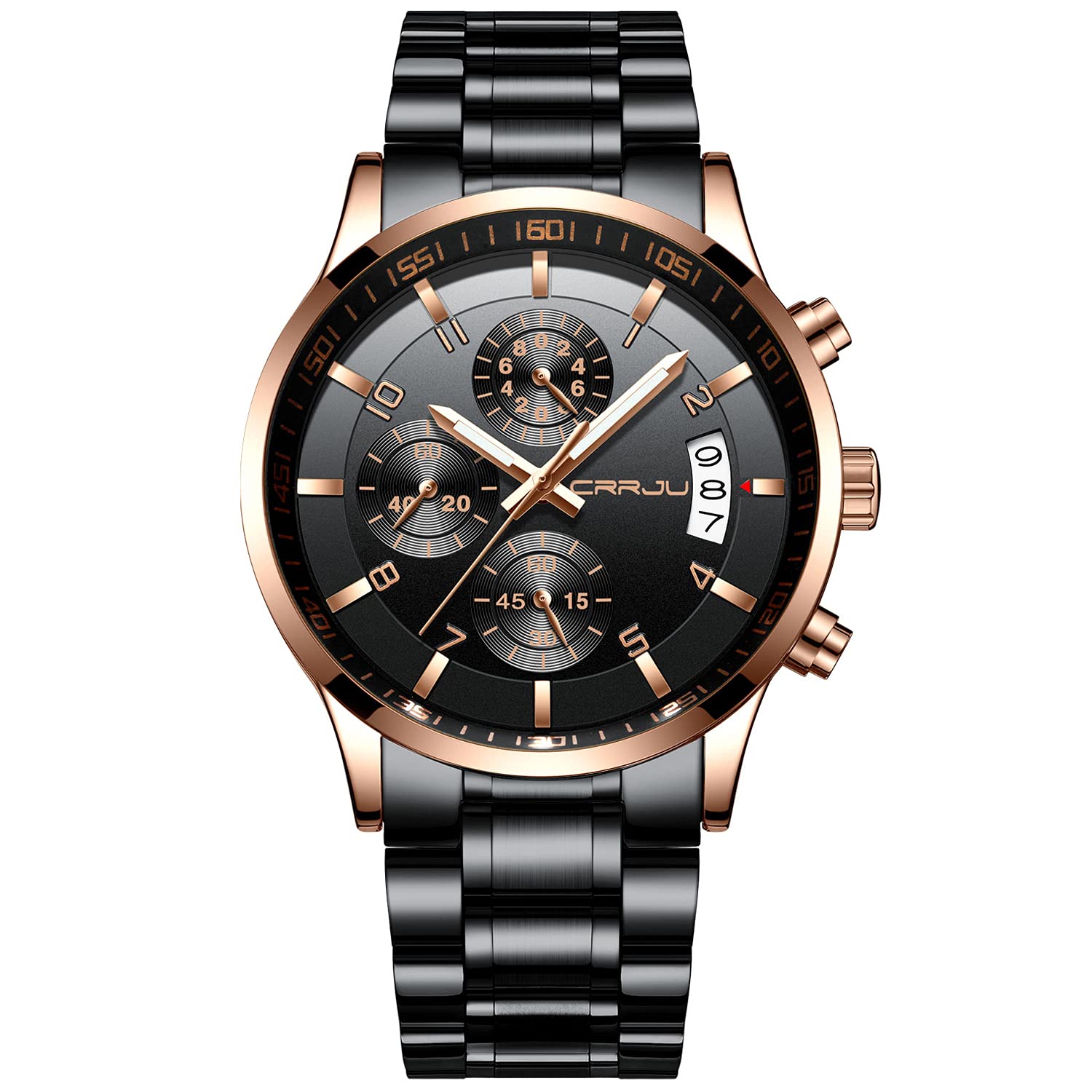 CRRJU Men's Stainless Steel Chronograph Watch with Date Display - Waterproof Fashion Wristwatch for Business, Casual & Outdoor Activities - Durable Metal Band for Daily Wear