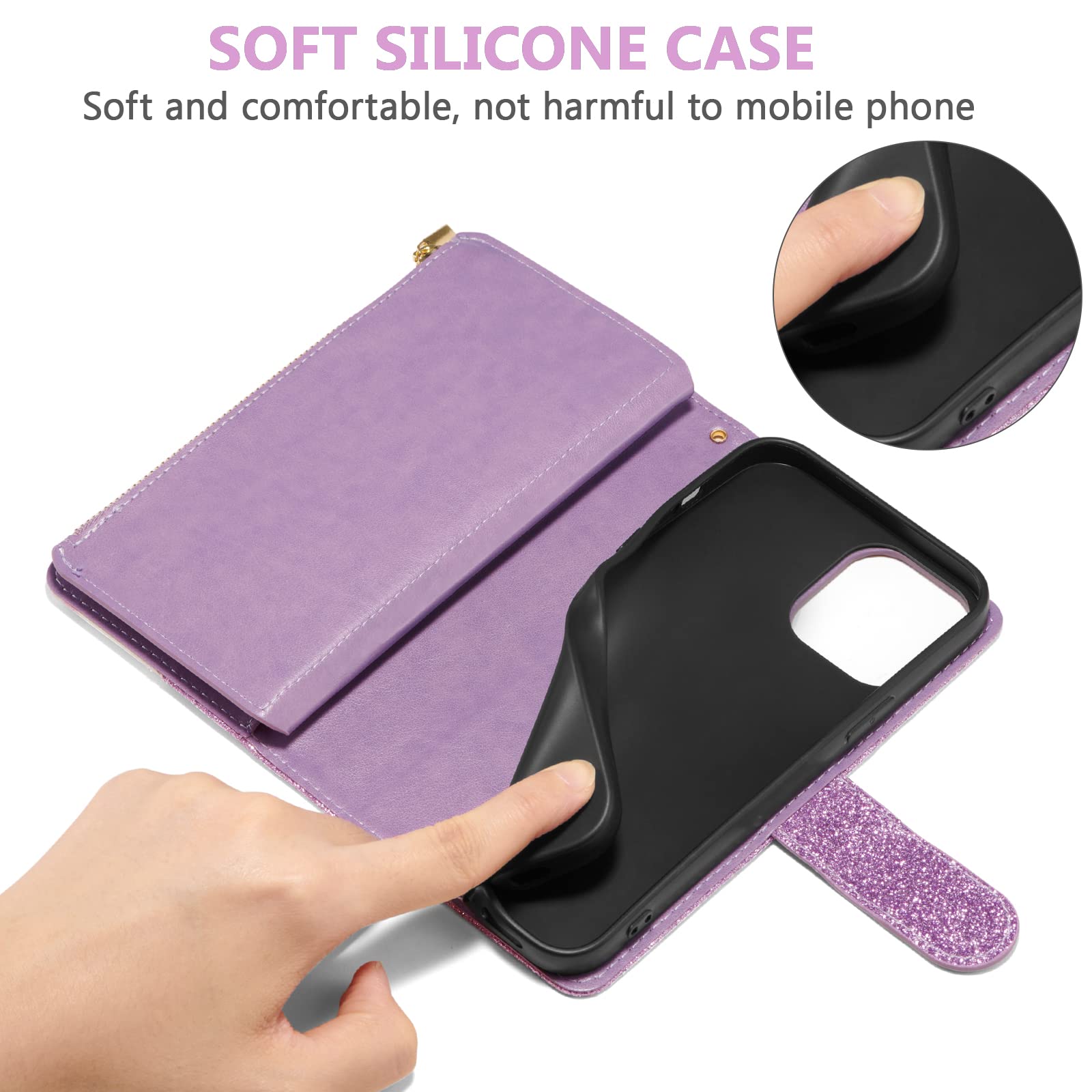UEEBAI Wallet Case for iPhone 13 Pro Max - PU Leather Magnetic Closure with Zipper Pocket, Kickstand, Card Slots & Hand Strap | Rose Gold Flip Phone Case for Women (Bling Purple) - Perfect for Travel, Shopping & Everyday Use