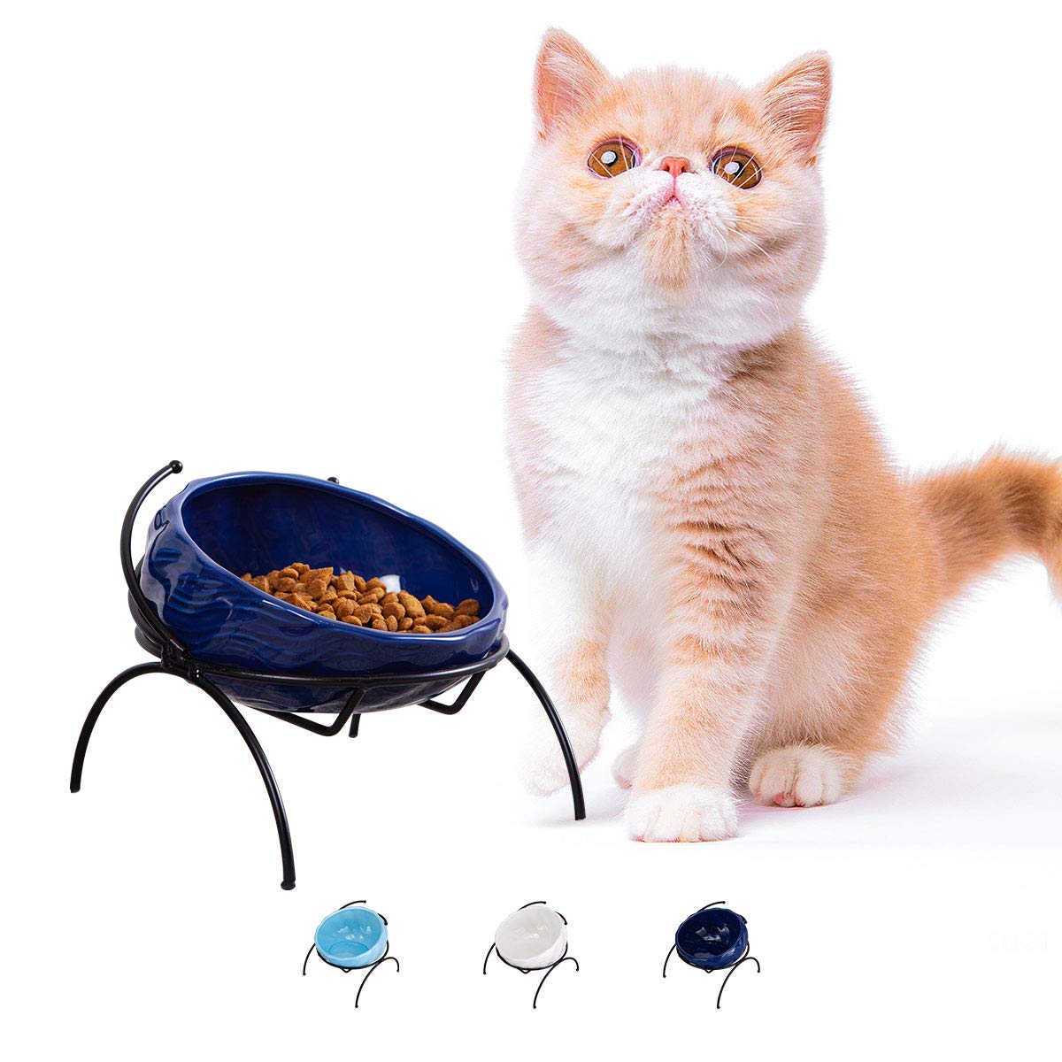 Jemirry 15° Tilted Elevated Cat Bowl Set - Anti Vomiting Raised Pet Food & Water Dish with Non-Slip Stand for Cats & Dogs, Spine Health Protection, Microwave & Dishwasher Safe (Sea Blue) - Perfect for Mealtime Comfort & Digestive Health