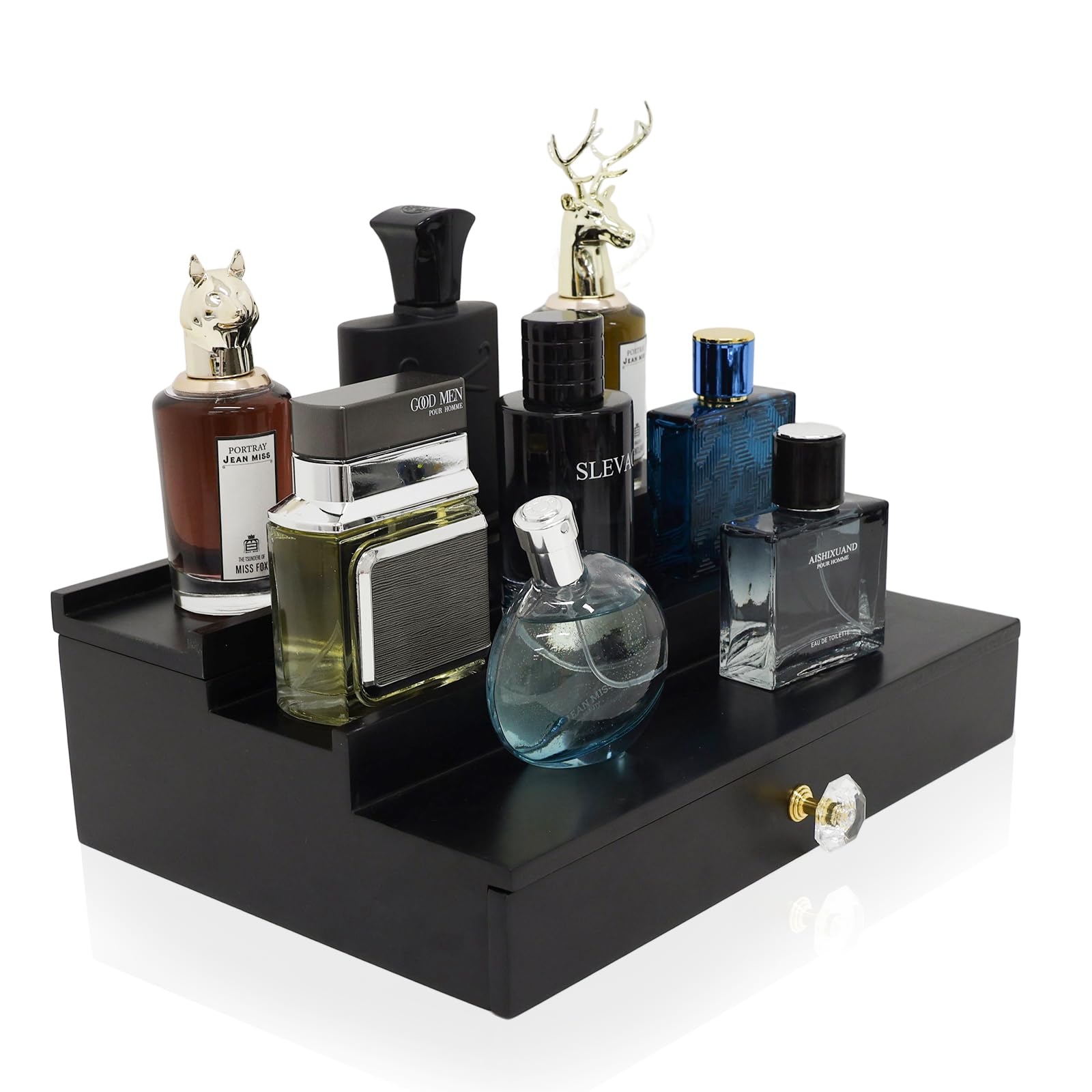 Premium 3-Tier Wooden Cologne Organizer for Men - Black Perfume Display Stand with Storage Drawer, Countertop Organizer & Cologne Holder - Perfect Gift for Dresser, Bathroom, or Vanity Organization
