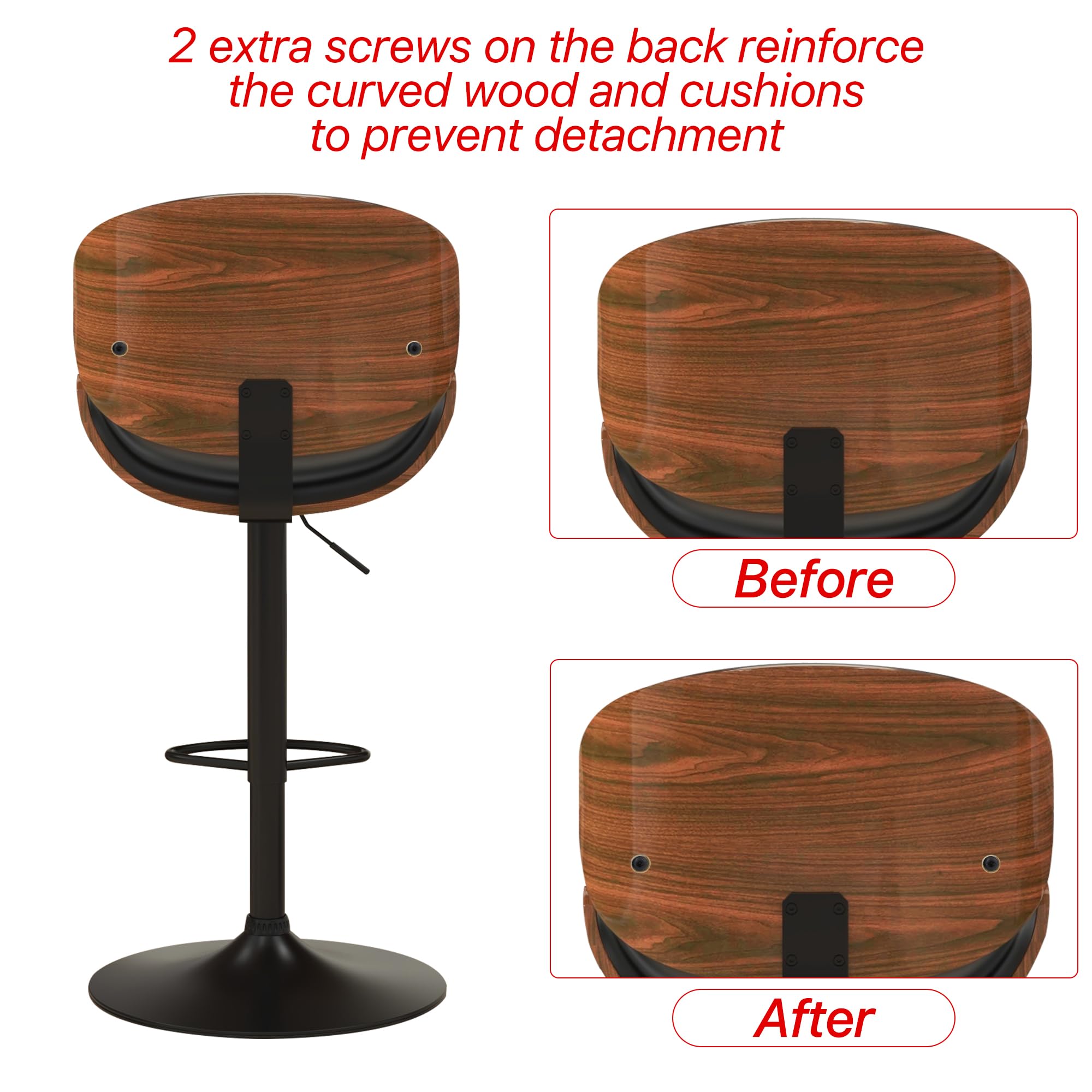 KCC Bar Stools Set of 4 - Adjustable Height Swivel Bar Stools with PU Leather Upholstery & Footrest - Modern Bentwood Bar Chairs for Kitchen Island, Home Bar, Dining Room & Breakfast Nook (Black PU Leather) - Perfect for Entertaining, Casual Dining & Kitchen Counter Seating