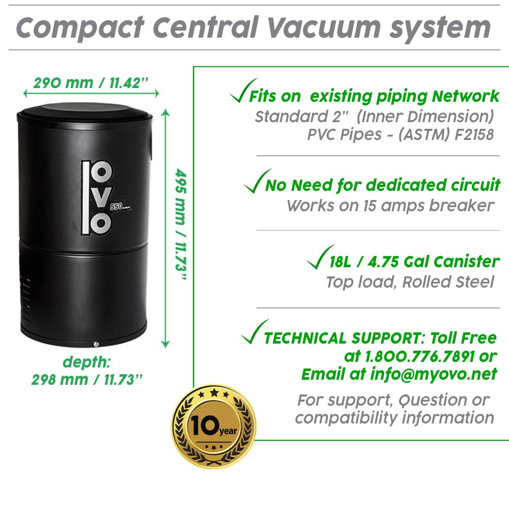 OVO-550ST-18B Compact Central Vacuum System - 550 Airwatts Powerful & Quiet Vacuum Unit for Apartments, Condos & Small Homes | Perfect for Pet Hair, Hardwood Floors & Daily Cleaning