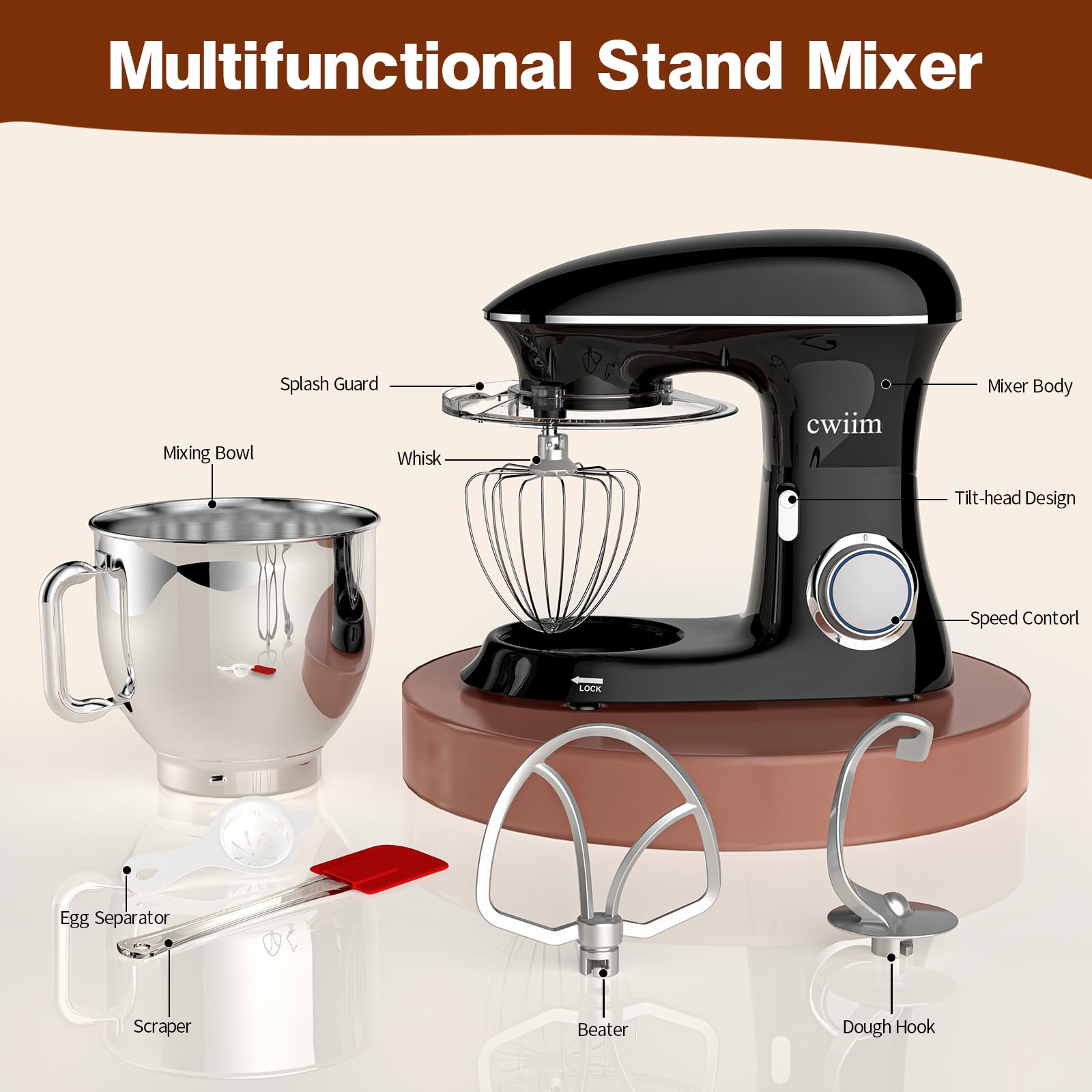 **660W 8.5Qt Stand Mixer - 6+ Speeds Electric Kitchen Mixer with Dough Hook, Flat Beater, Whisk & Splash Guard - Perfect for Baking Bread, Cakes, Cookies, Salad & Eggs (Black)**    *(Use Cases: Ideal for home bakers, pastry chefs, and cooking enthusiasts to effortlessly mix dough, whip cream, blend batters, and prepare delicious homemade meals.)*