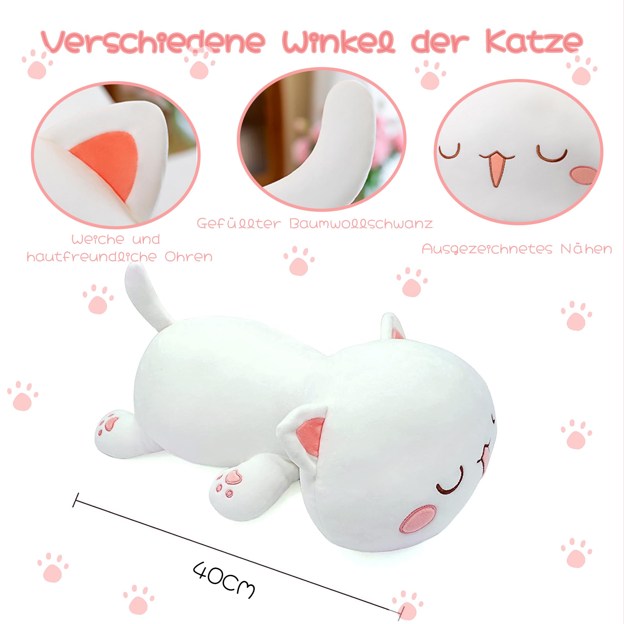 Cute Kawaii Cat Plush Toy - Soft Stuffed Animal for Kids, Girls & Boys (16 inch, White) | Perfect Birthday Gift, Nursery Decor & Cuddly Companion