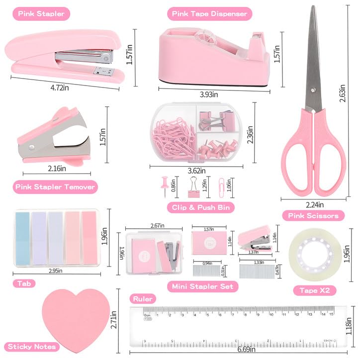 Pink Office Desk Accessories Set for Women - Cute Stapler, Mini Stapler, Staple Remover, Tape, Paper Clips, Scissors & Tabs | Perfect Desk Organizer for Home Office, School & Workstation | Back to School Supplies & Gift Idea for Students