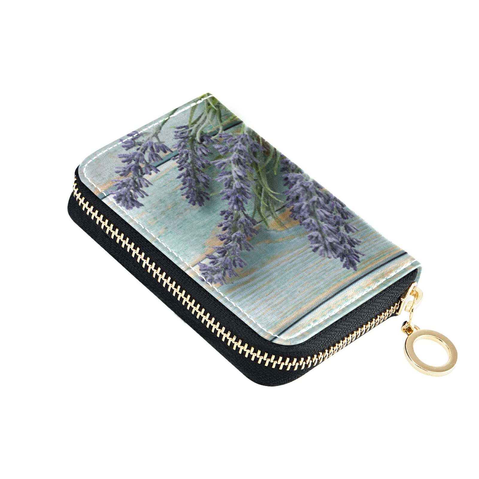 Premium Lavender Flowers Wood RFID Blocking Credit Card Wallet - Microfiber Leather Zipper Card Holder for Women | Slim Travel Wallet for Everyday Use, Business & Shopping