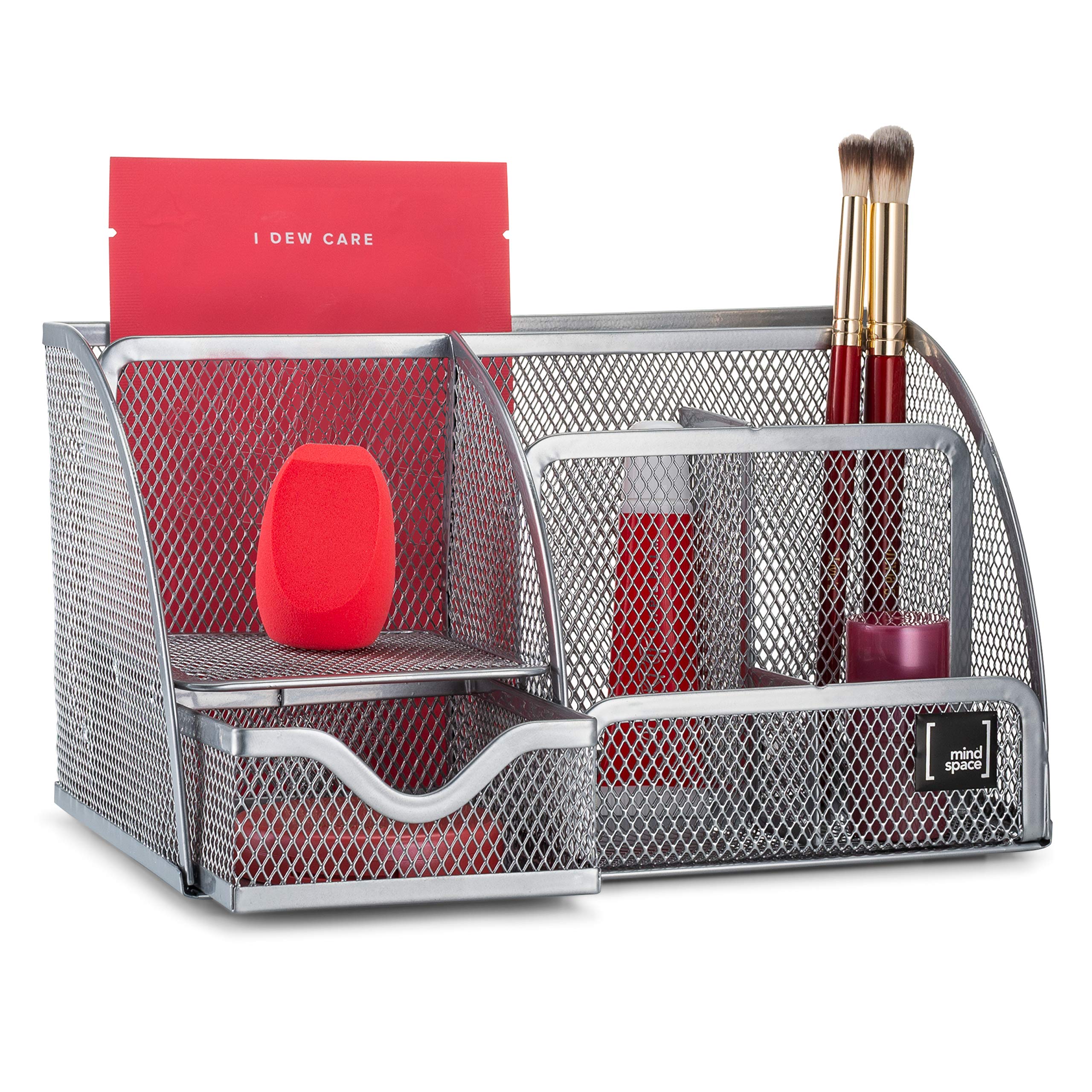 6-Compartment Cosmetic Storage Box with Pull-Out Drawer | Makeup Organizer for Lipstick, Brushes & Beauty Tools | Mesh Design Silver Display Case | Perfect for Bathroom Vanity & Bedroom Dresser Organization