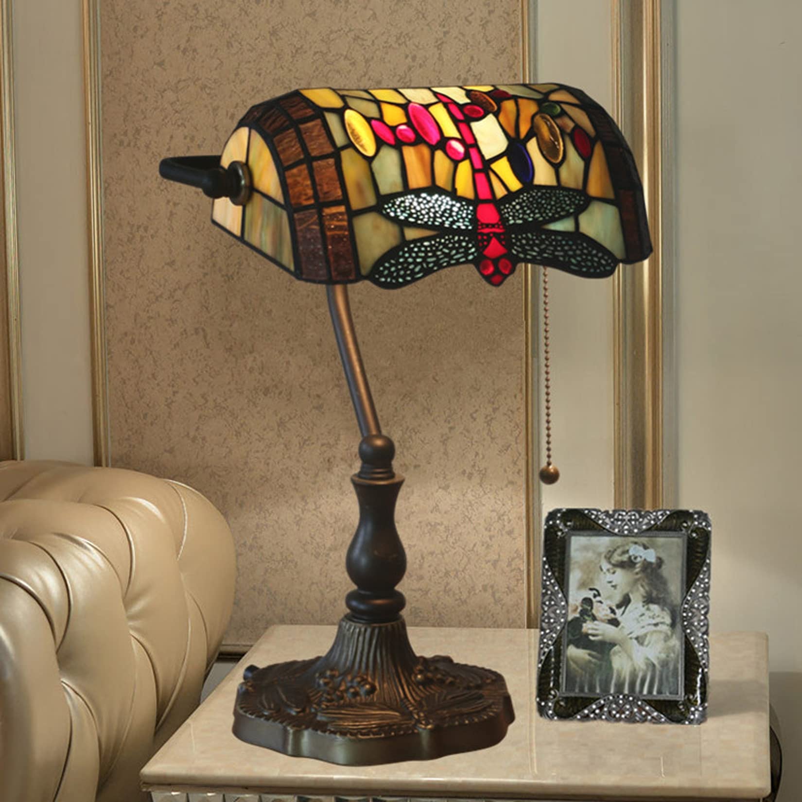 Vintage Tiffany Style Bankers Table Lamp - Stained Glass Piano Desk Lamp with Antique Alloy Base & Zipper Switch - Dragonfly Design for Bedroom, Study, Office & Living Room Lighting