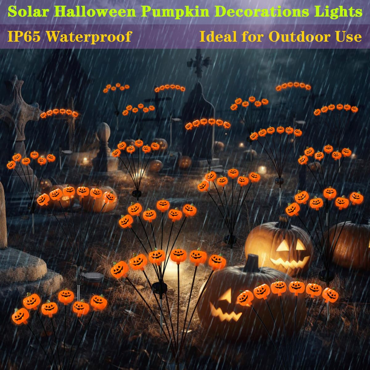 2 Pack Solar Halloween Pumpkin Stake Lights - Waterproof Outdoor Jack-O-Lantern Firefly Lights for Yard, Lawn & Garden Decor | Perfect for Pathway Lighting & Spooky Halloween Atmosphere