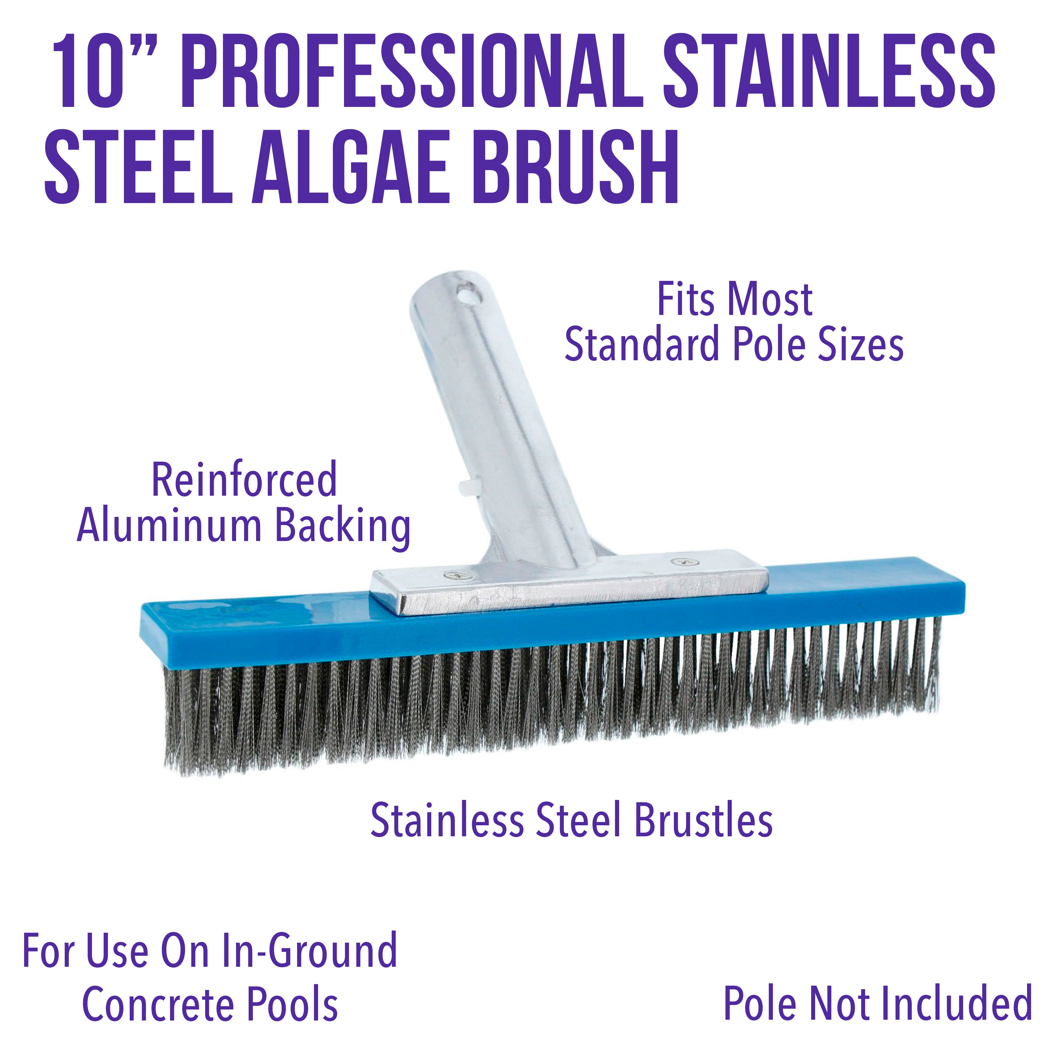 U.S. Pool Supply® Professional 10-Inch Stainless Steel Pool Algae Brush with EZ Clip Handle - Heavy Duty Bristles for Removing Calcium Buildup, Rust Stains & Debris - Perfect for In-Ground & Above Ground Pools Maintenance