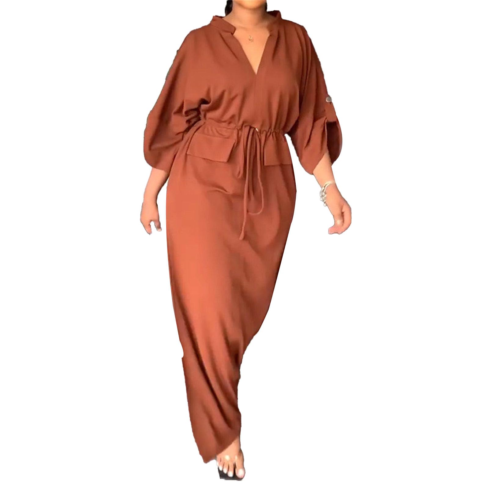 Elegant Women's Split Thigh Maxi Dress with Roll-Up Sleeves | High Waist Bodycon Cocktail Dress with Belt | Perfect for Wedding Guest, Party, Date Night & Special Occasions