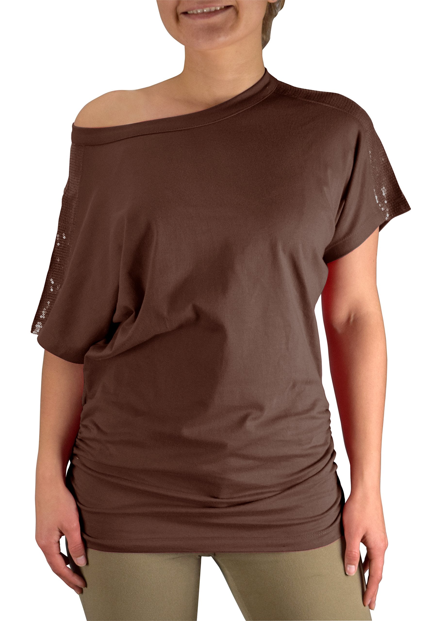 Women's Elegant Cotton Boat Neck Dolman Top with Shirring Drape & Sequin Shoulder Detail - Perfect for Casual Wear, Parties & Evening Outfits