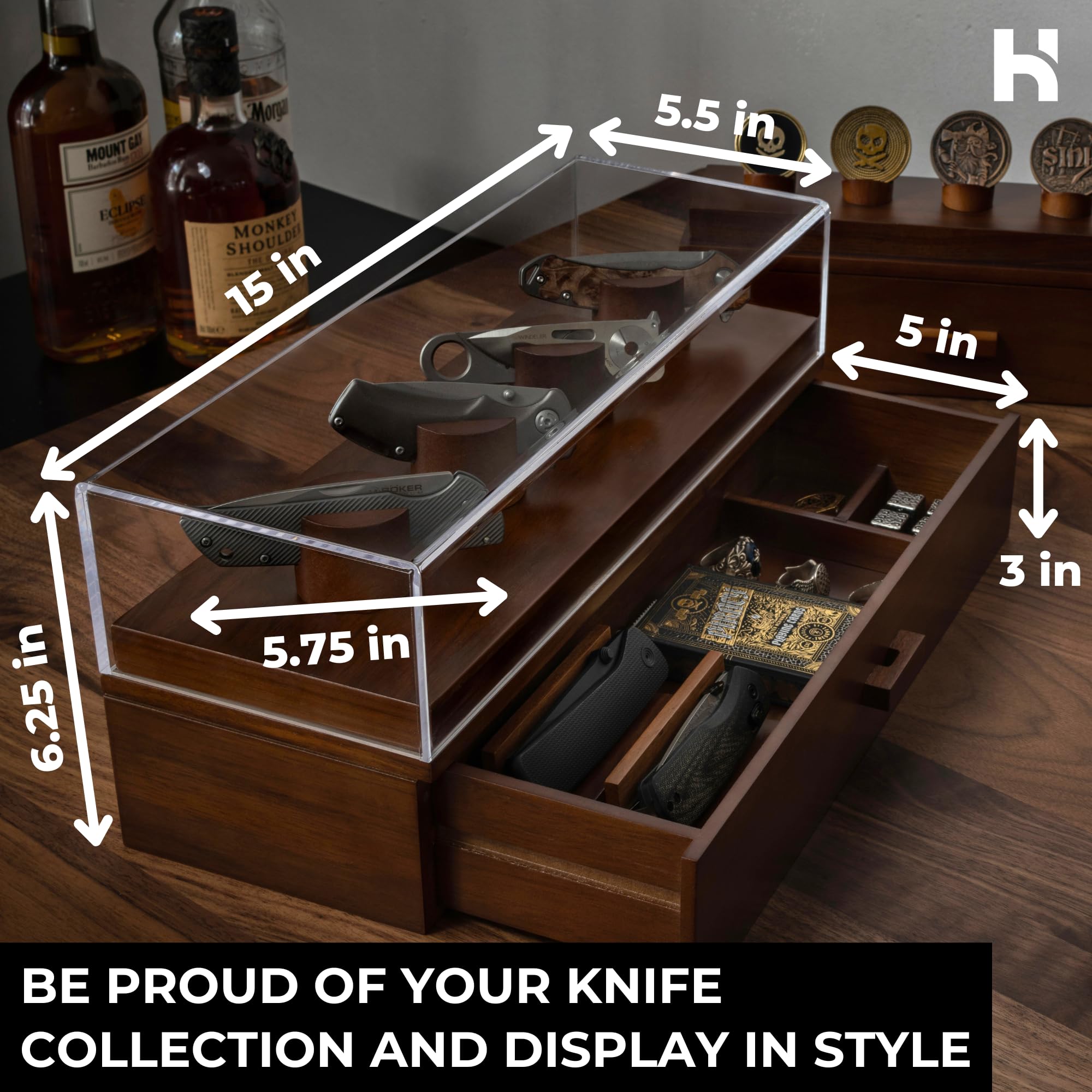 Premium Knife Deck – 6-Pocket Wooden Knife Display Case with Accessory Drawer | Perfect Knife Organizer & Collector's Gift for Men | Lifetime Warranty | Ideal for Home, Office, or Camping Use