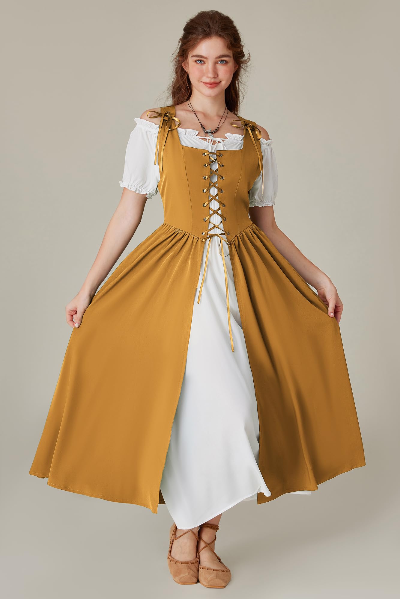 Scarlet Darkness Women's Renaissance Dress - Peasant Medieval Maxi Dress with Short Sleeves | Perfect for Renaissance Faires, Cosplay & Historical Reenactments