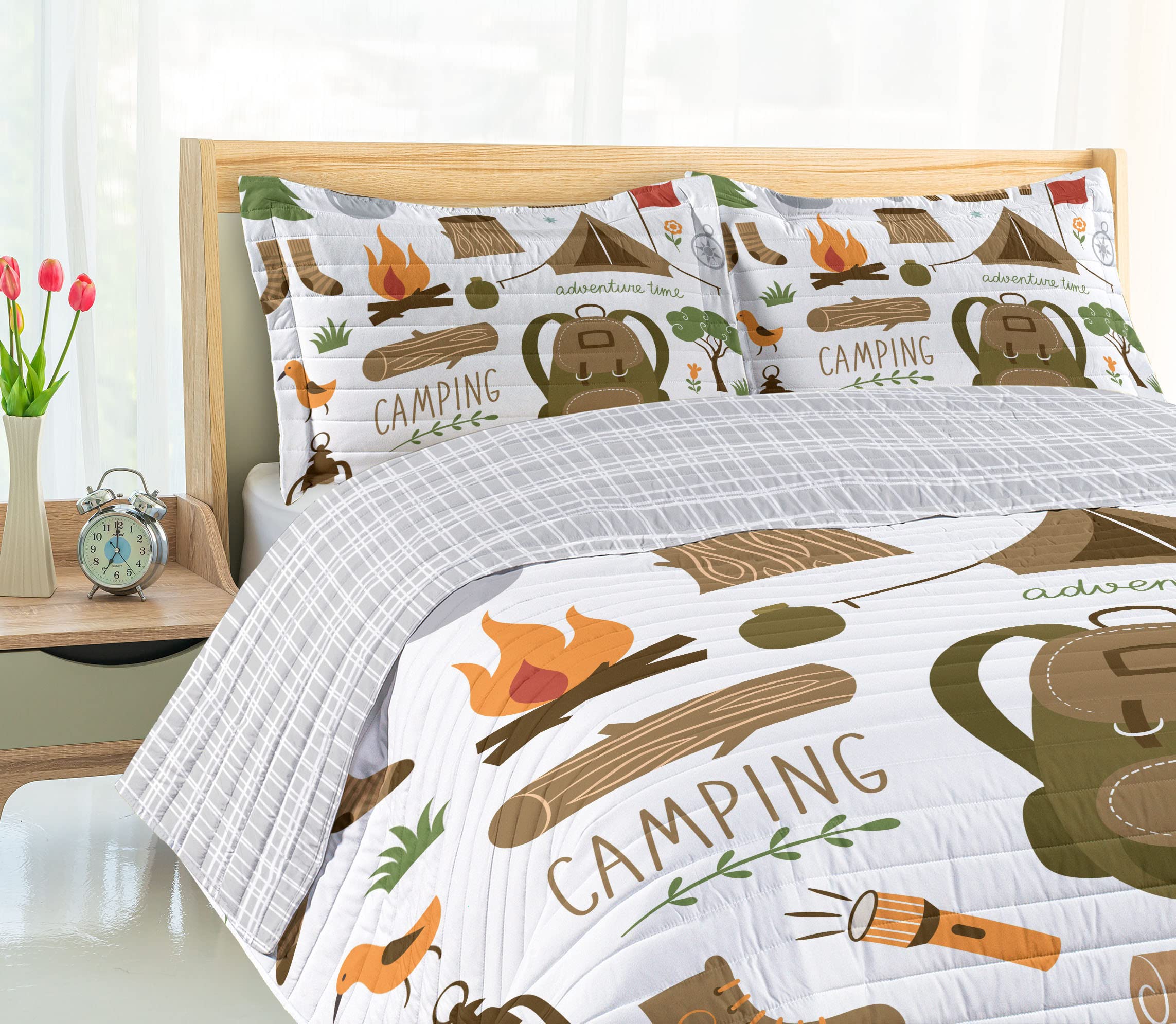 Ambesonne Adventure Reversible King Size Bedspread Set - Camping Theme Microfiber Comforter with Pillow Shams (Sepia Green Orange) - Perfect for Outdoor Enthusiasts & Cabin Decor