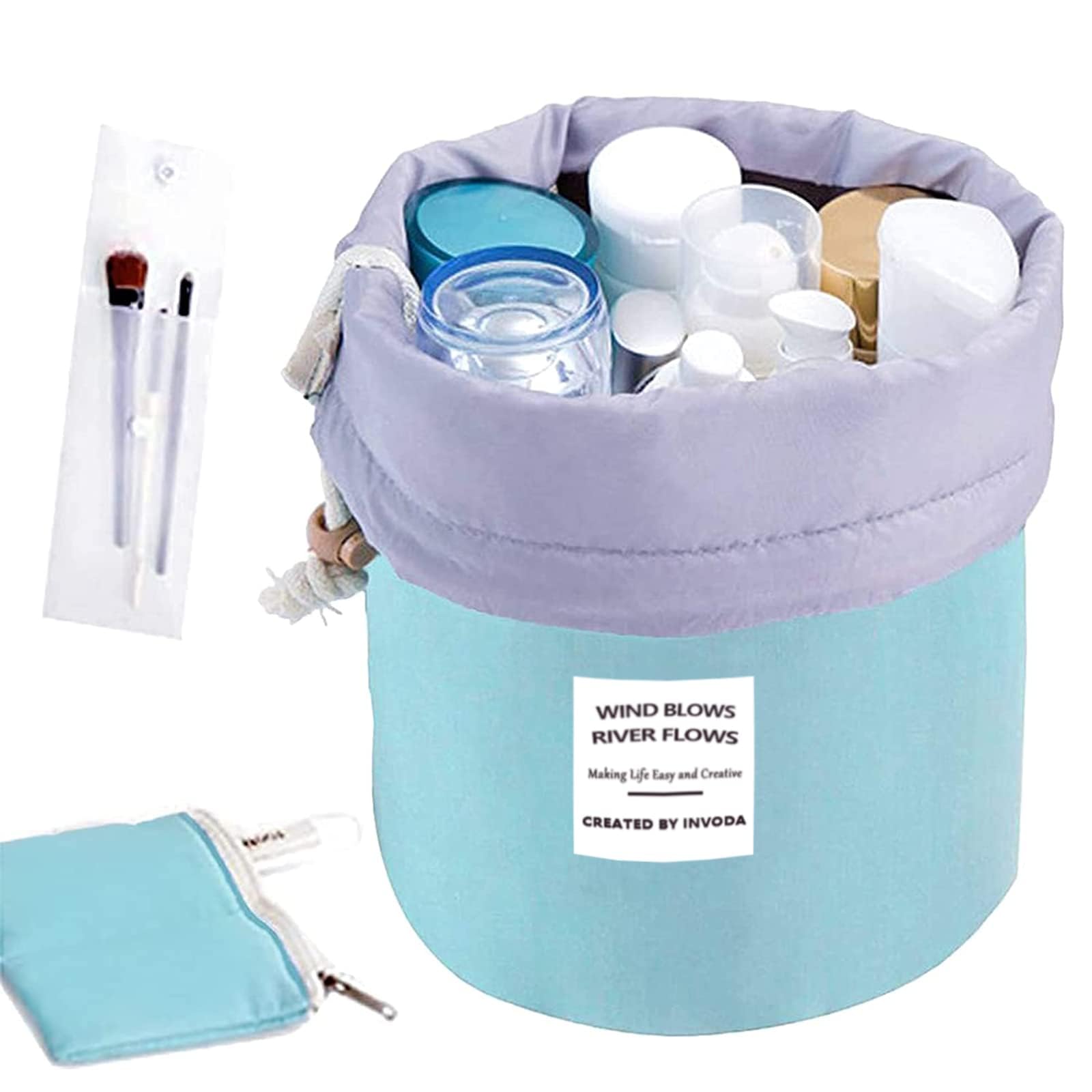 INVODA Large Waterproof Travel Makeup Bag for Women - Barrel Shaped Cosmetic Organizer with Drawstring, Soft Multifunctional Toiletry Pouch (Green) | Perfect for Vacation, Gym, Beach & Daily Essentials Storage