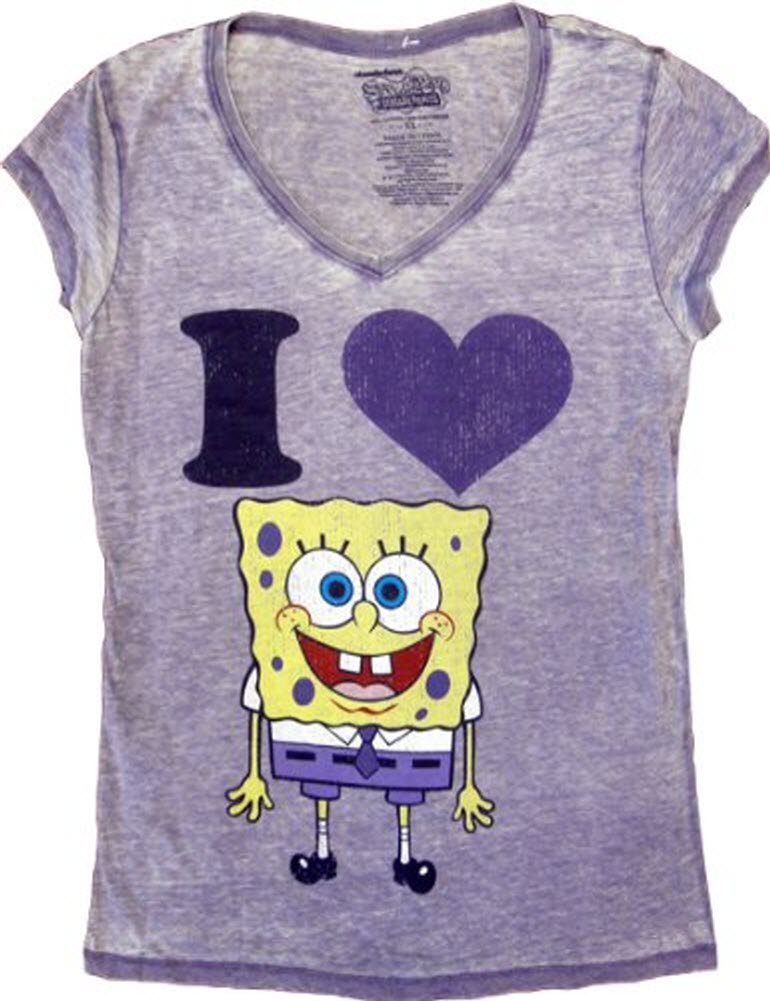 SpongeBob SquarePants I Love Heart Graphic V-Neck T-Shirt for Women - Soft Cotton Junior Tee - Casual Wear, Gift for Fans, Cartoon Lovers