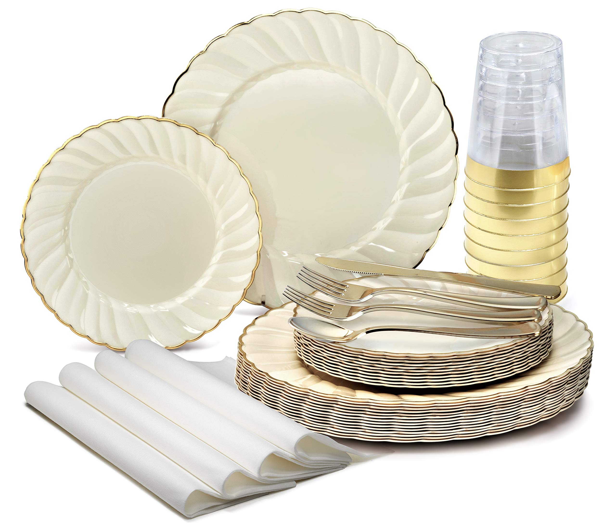 200-Piece Vintage Wedding Party Disposable Plastic Plates Set - 25x10.25'' & 25x7.5'' Plates, Silverware, Gold-Rim Cups, Napkins (Blossom Ivory & Gold) - Perfect for Weddings, Anniversaries, Bridal Showers & Elegant Events