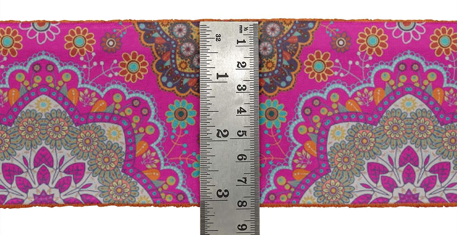 Indian Beautiful Art Pink Floral & Mandala Kaleidoscope Printed Velvet Ribbon Trim - 9 Yards, 4 Inches Wide for DIY Crafts, Sewing, Costume Design, Home Decor & Gift Wrapping
